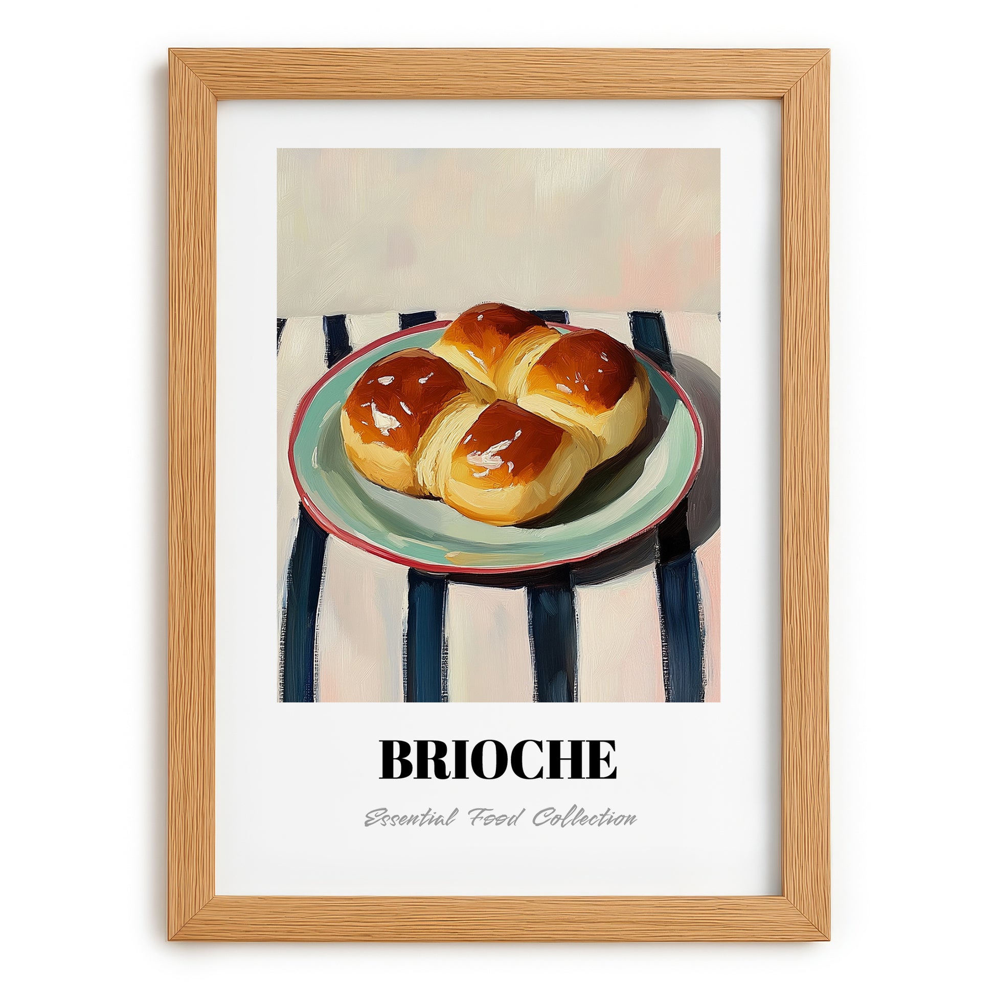 Brioche – on Striped Tablecloth, French Pastry Painting, set in oak frame