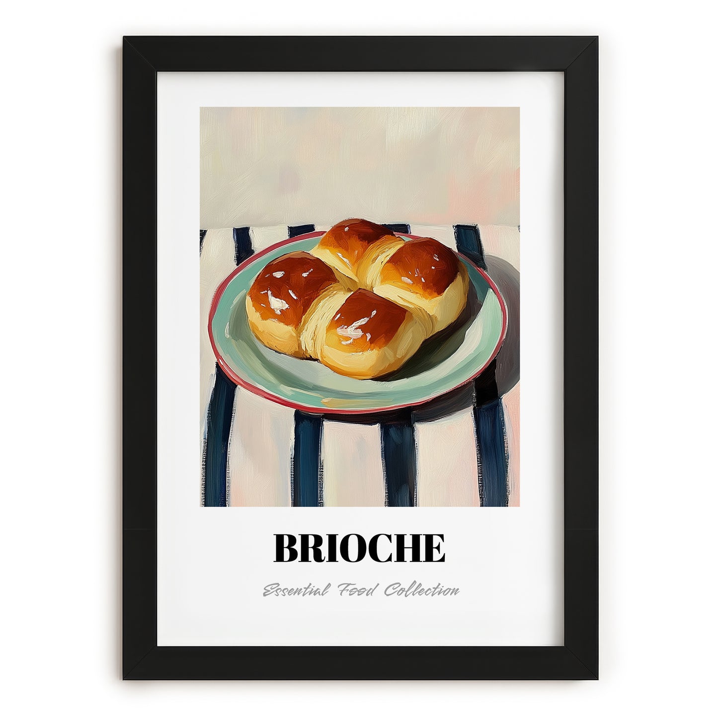 Brioche – on Striped Tablecloth, French Pastry Painting, in sleek black frame