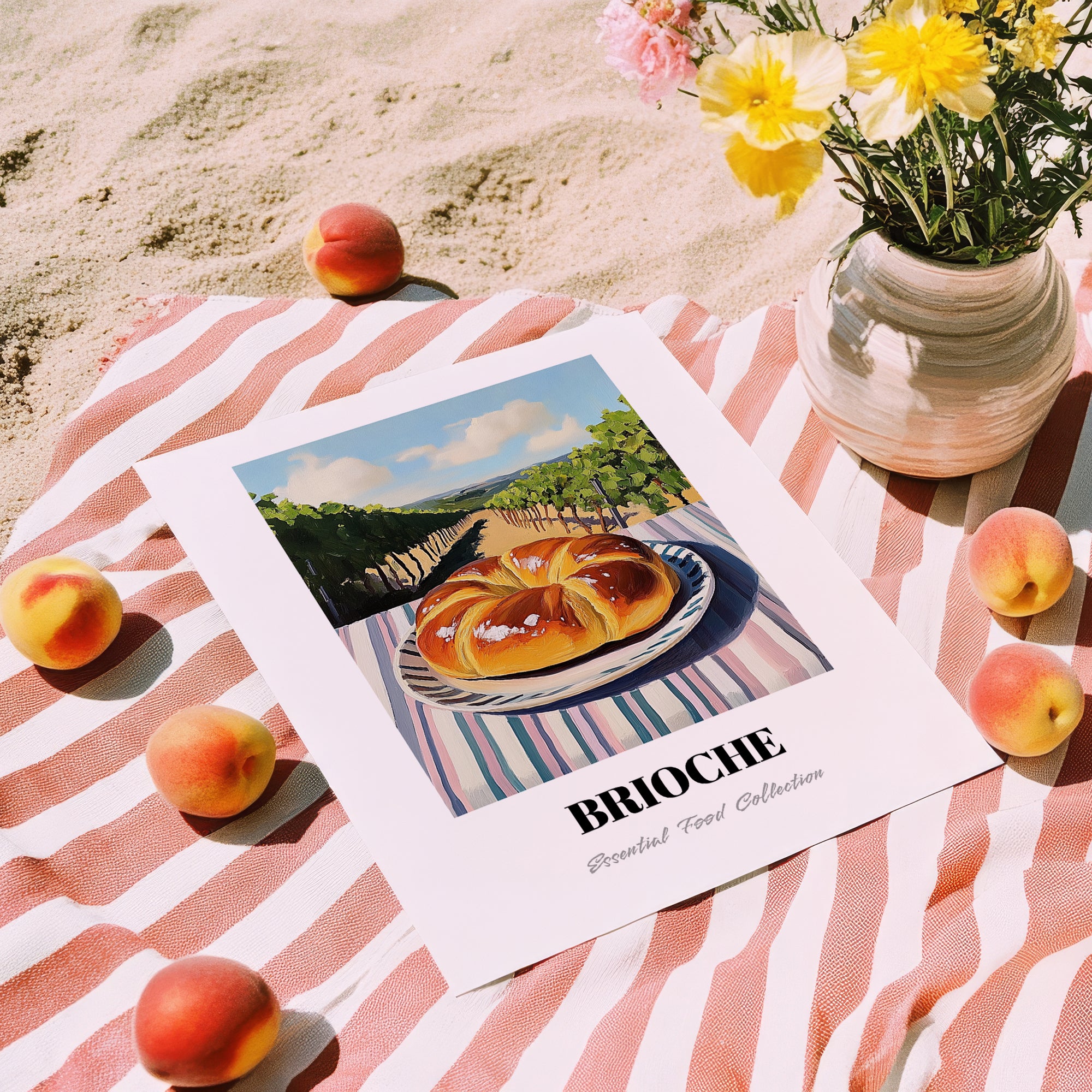 Brioche – Hillside Café View, French Pastry Wall Decor, unframed on coastal sand