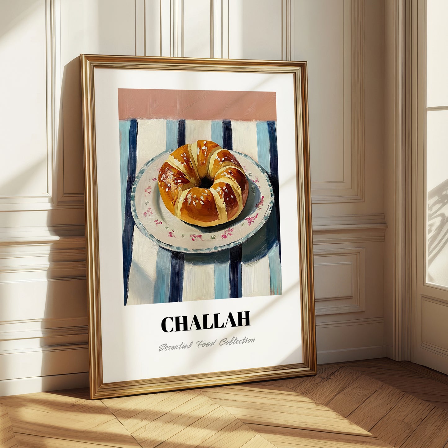 Challah – on Striped Tablecloth, Jewish Food Poster