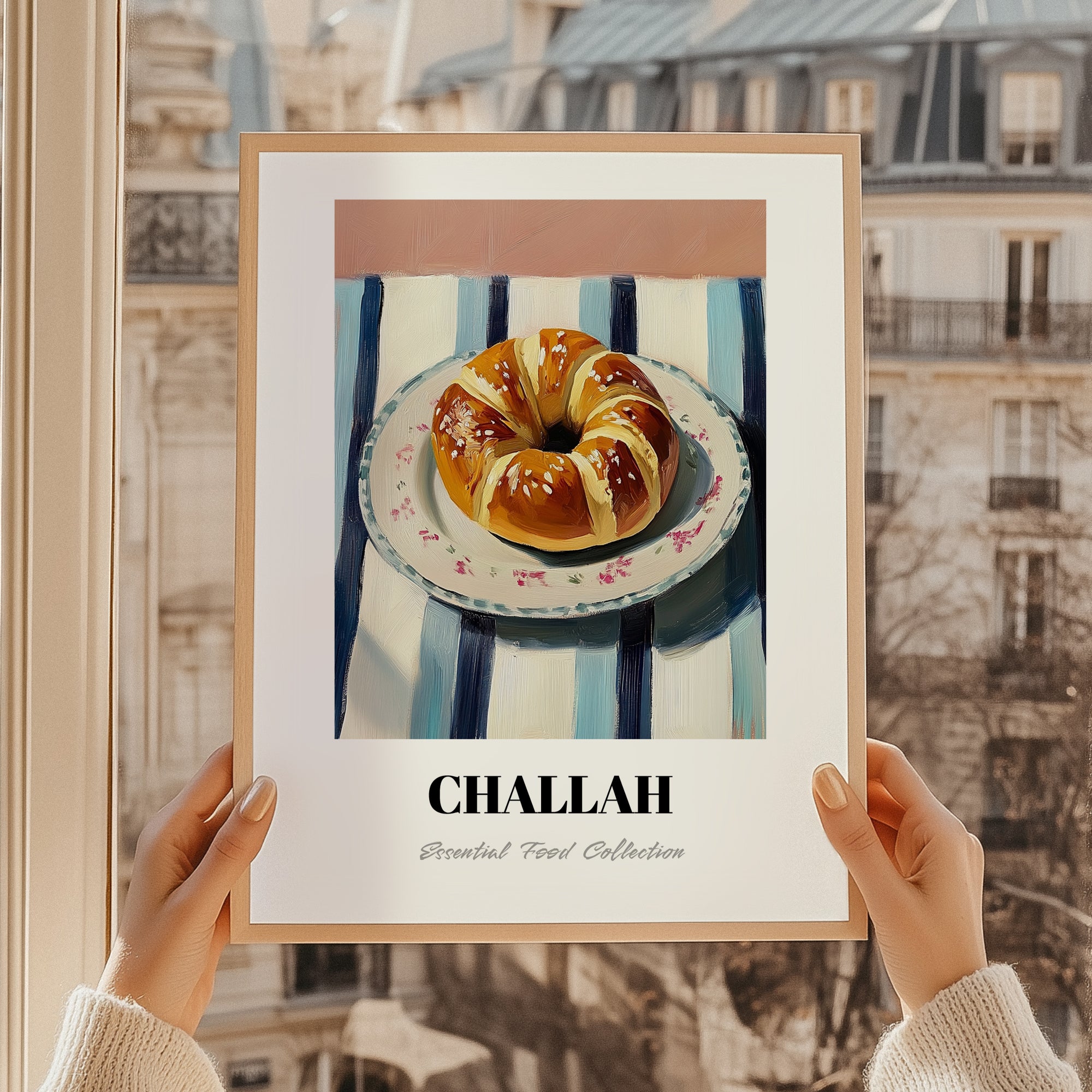 Challah – on Striped Tablecloth, Jewish Food Poster, styled in a charming Paris street view