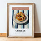 Challah – on Striped Tablecloth, Jewish Food Poster, in wooden frame leaning on the floor