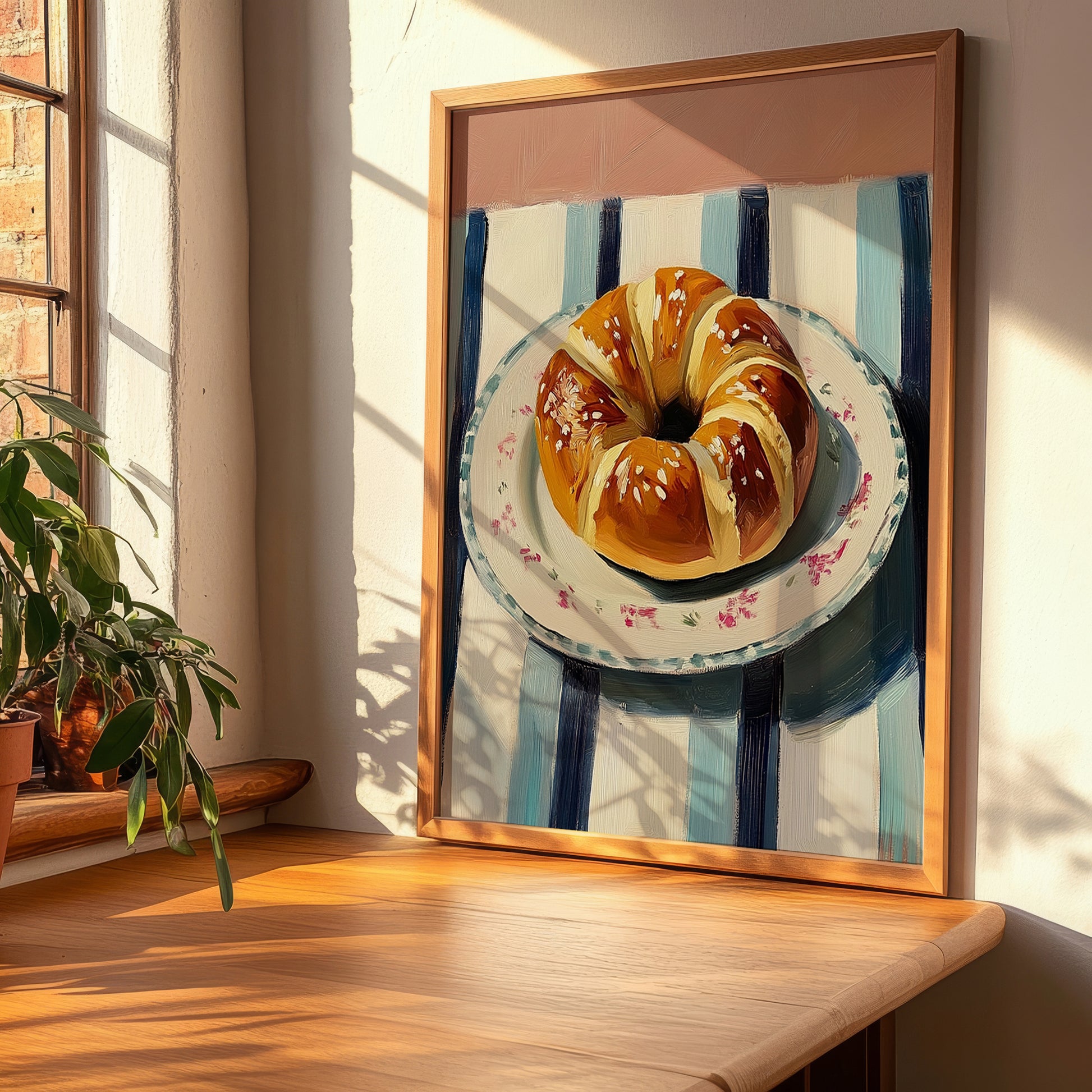 Challah – on Striped Tablecloth, Jewish Food Poster, clean layout with no caption