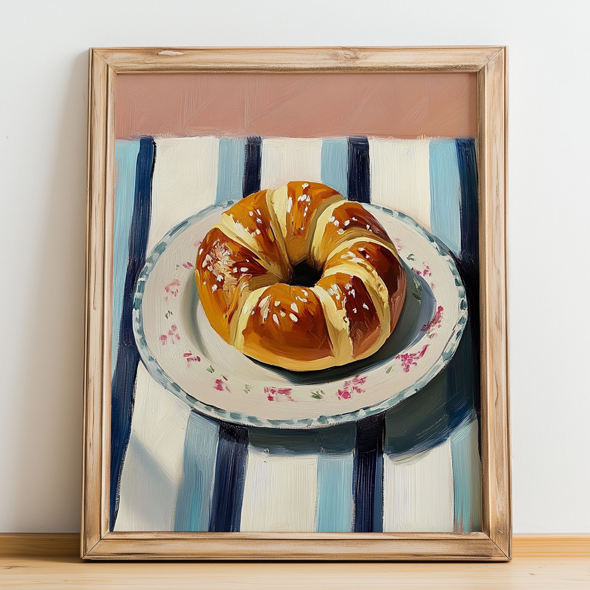 Challah – on Striped Tablecloth, Jewish Food Poster, no-text version framed in wood