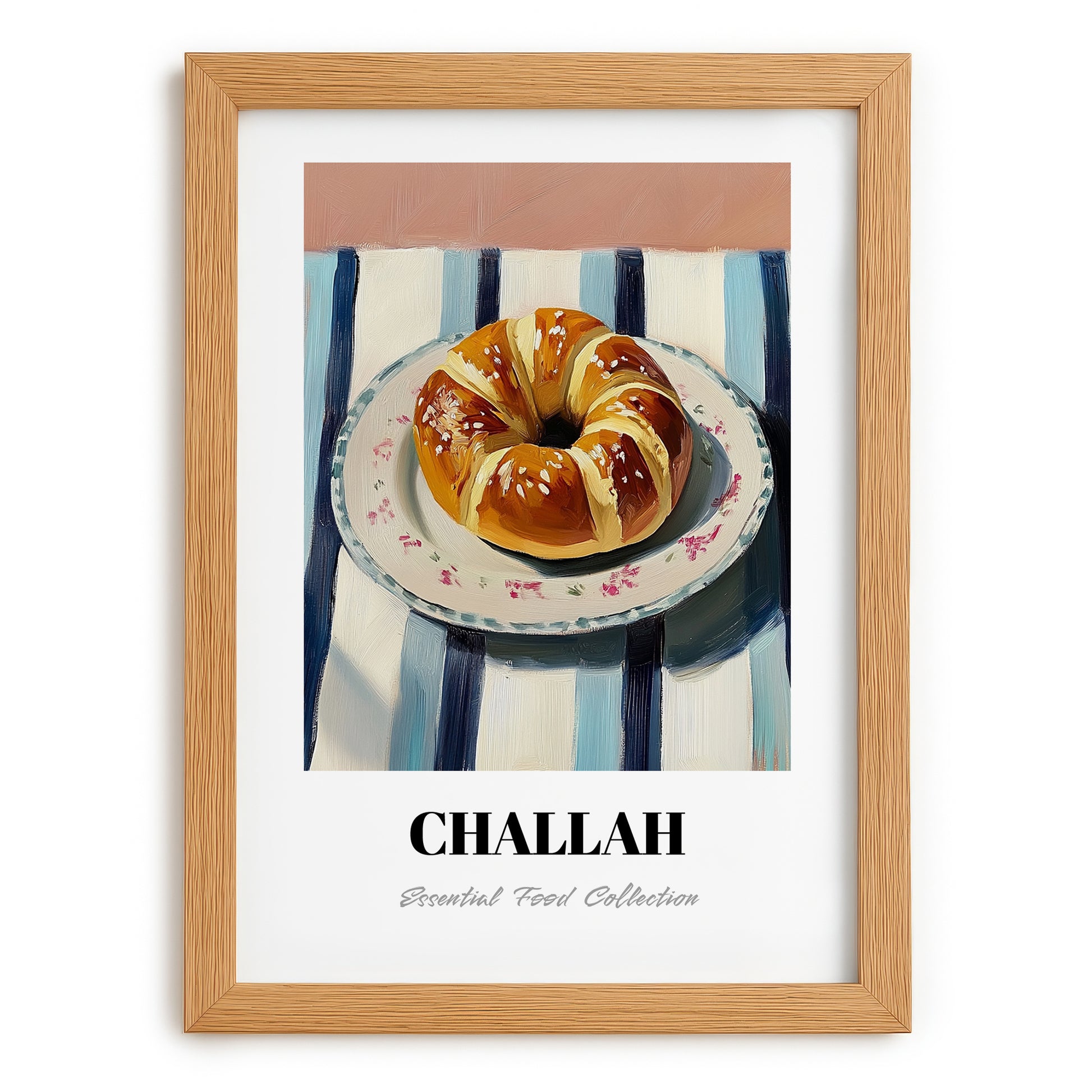 Challah – on Striped Tablecloth, Jewish Food Poster, set in oak frame