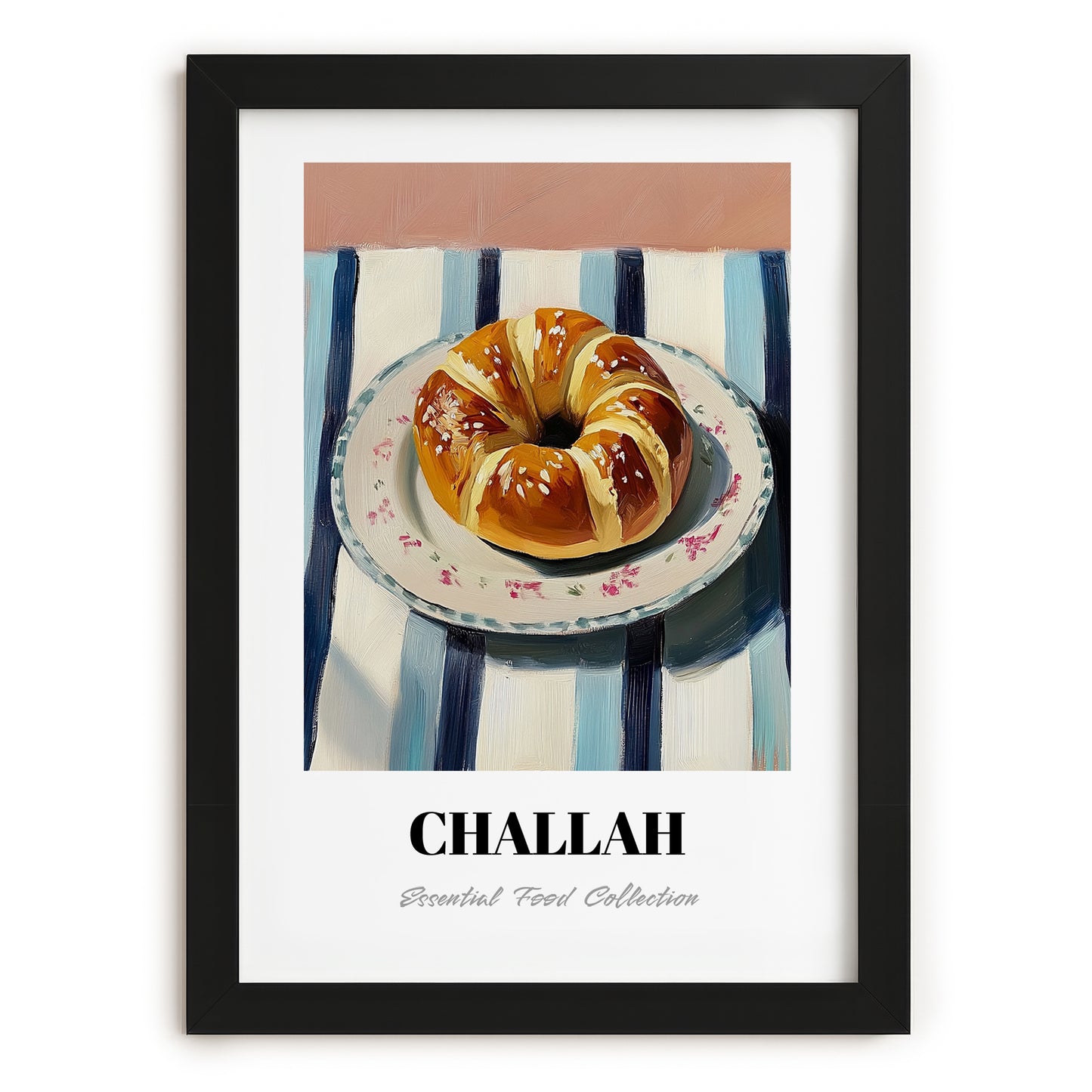Challah – on Striped Tablecloth, Jewish Food Poster, in sleek black frame