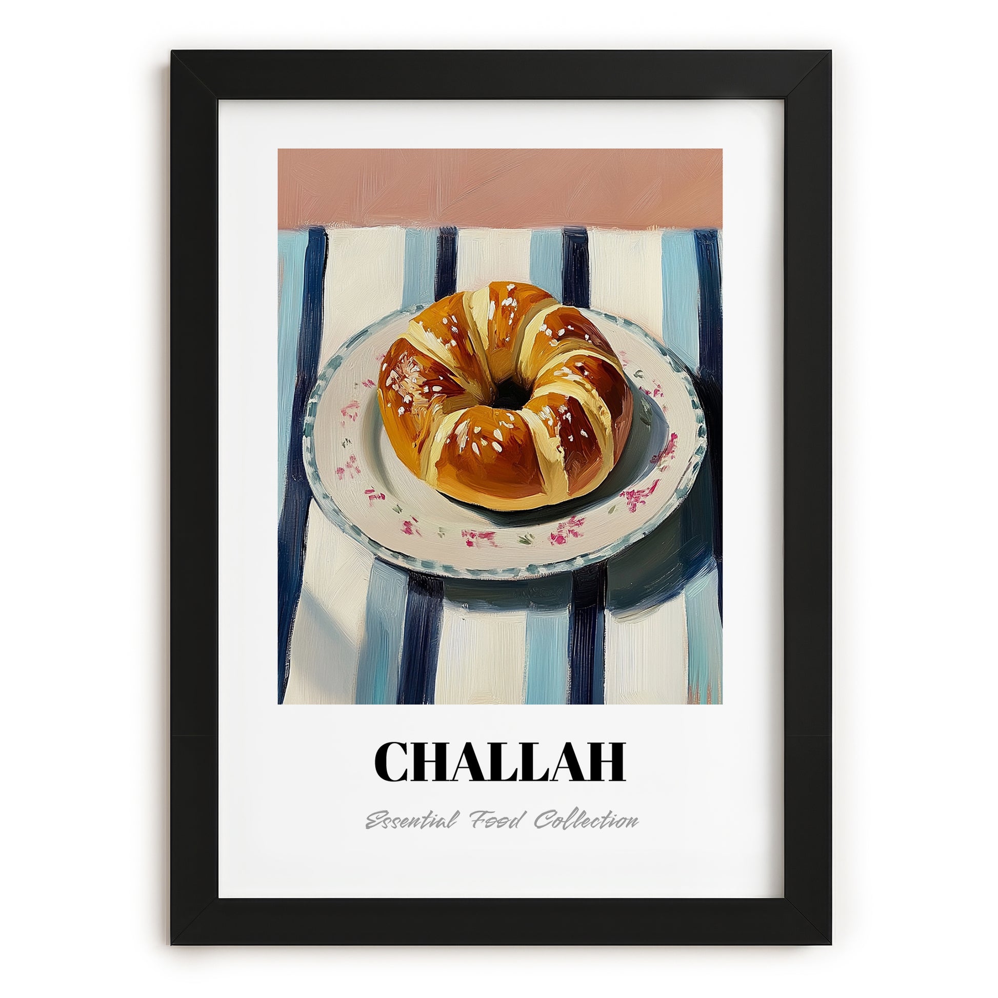 Challah – on Striped Tablecloth, Jewish Food Poster, in sleek black frame