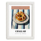 Challah – on Striped Tablecloth, Jewish Food Poster, placed in minimal white frame