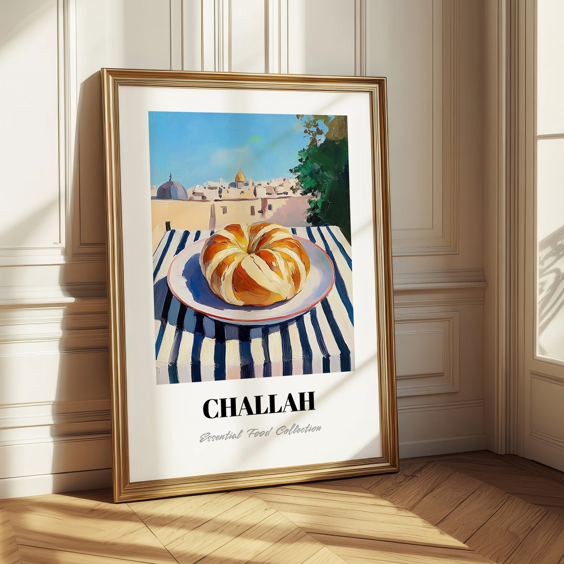 Challah – Jerusalem Skyline Scene, Jewish Food Illustration