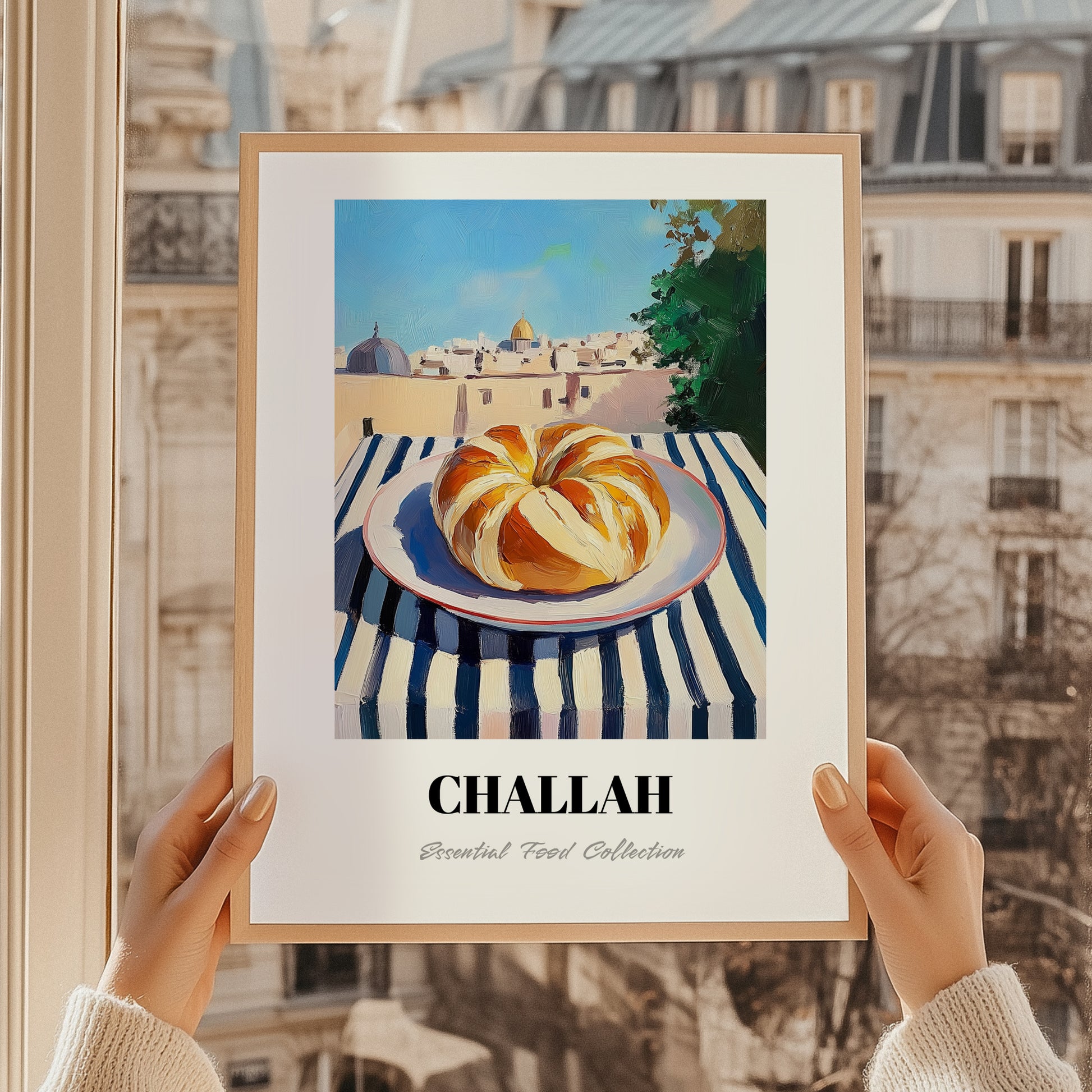Challah – Jerusalem Skyline Scene, Jewish Food Illustration, styled in a charming Paris street view