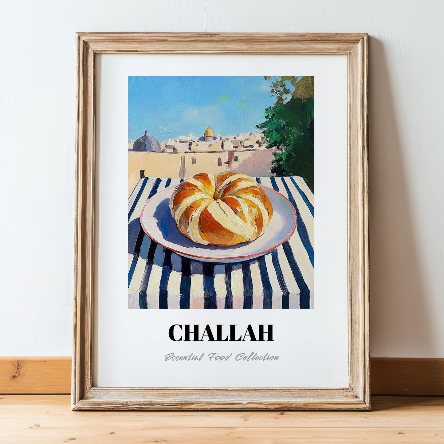 Challah – Jerusalem Skyline Scene, Jewish Food Illustration, in wooden frame leaning on the floor