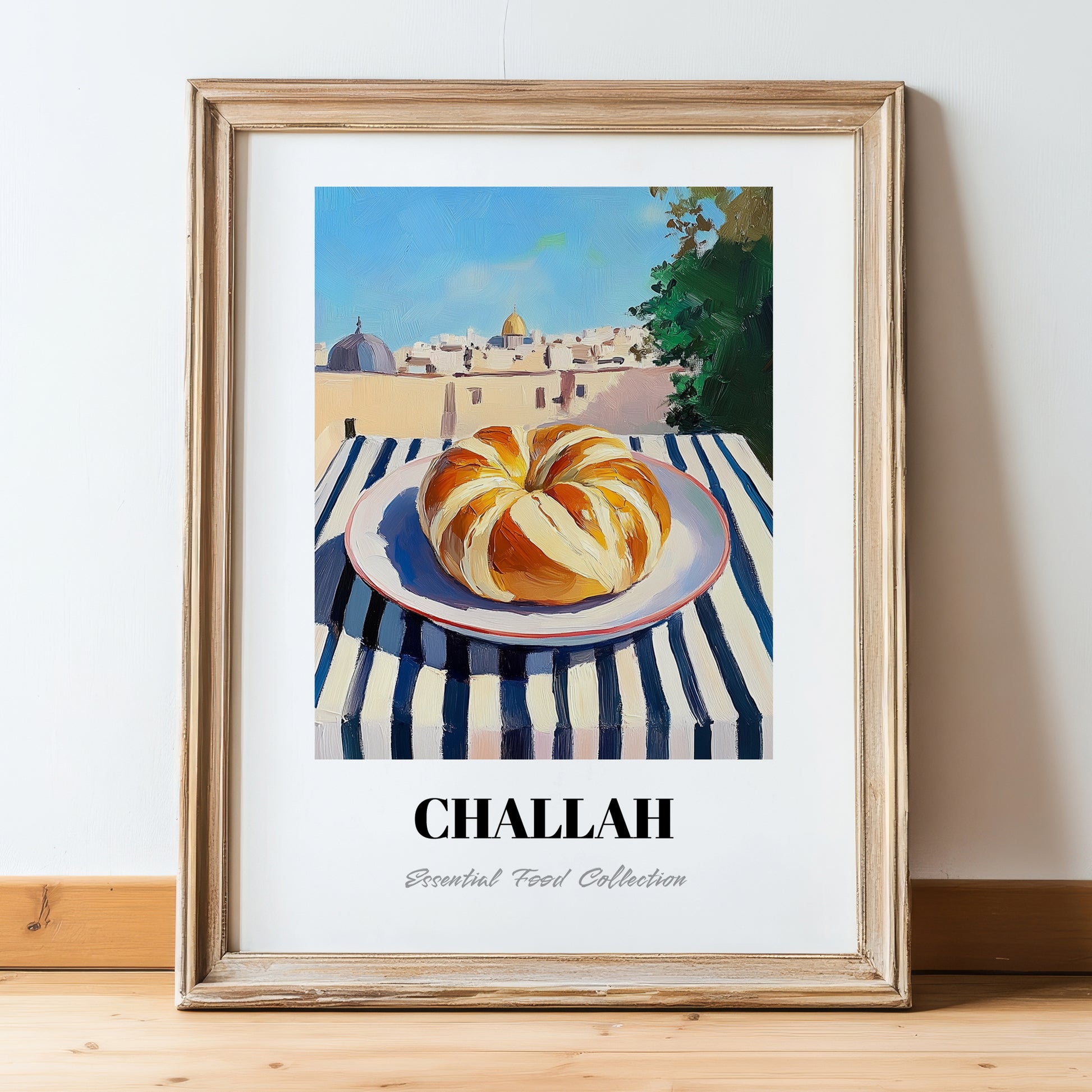 Challah – Jerusalem Skyline Scene, Jewish Food Illustration, in wooden frame leaning on the floor