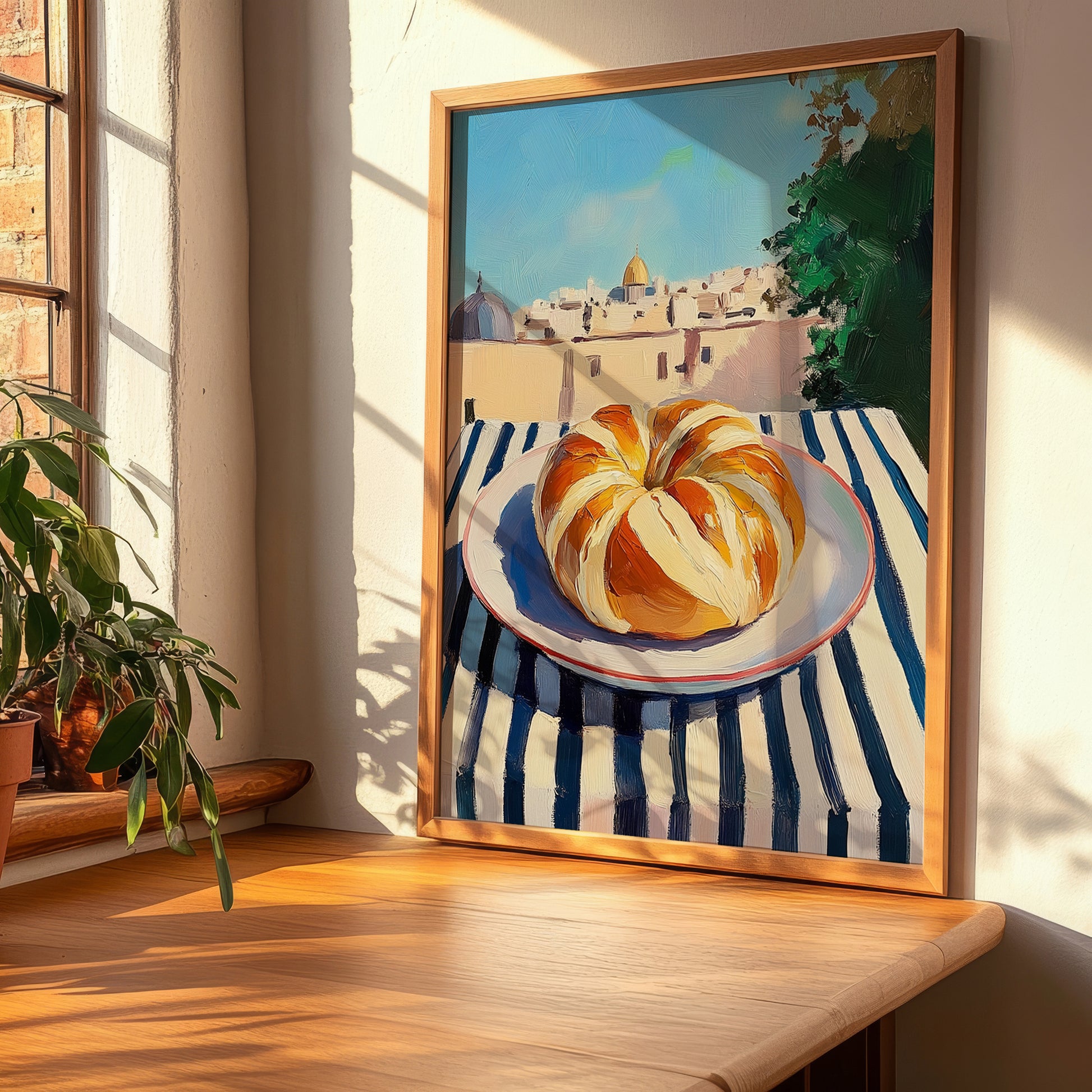 Challah – Jerusalem Skyline Scene, Jewish Food Illustration, clean layout with no caption