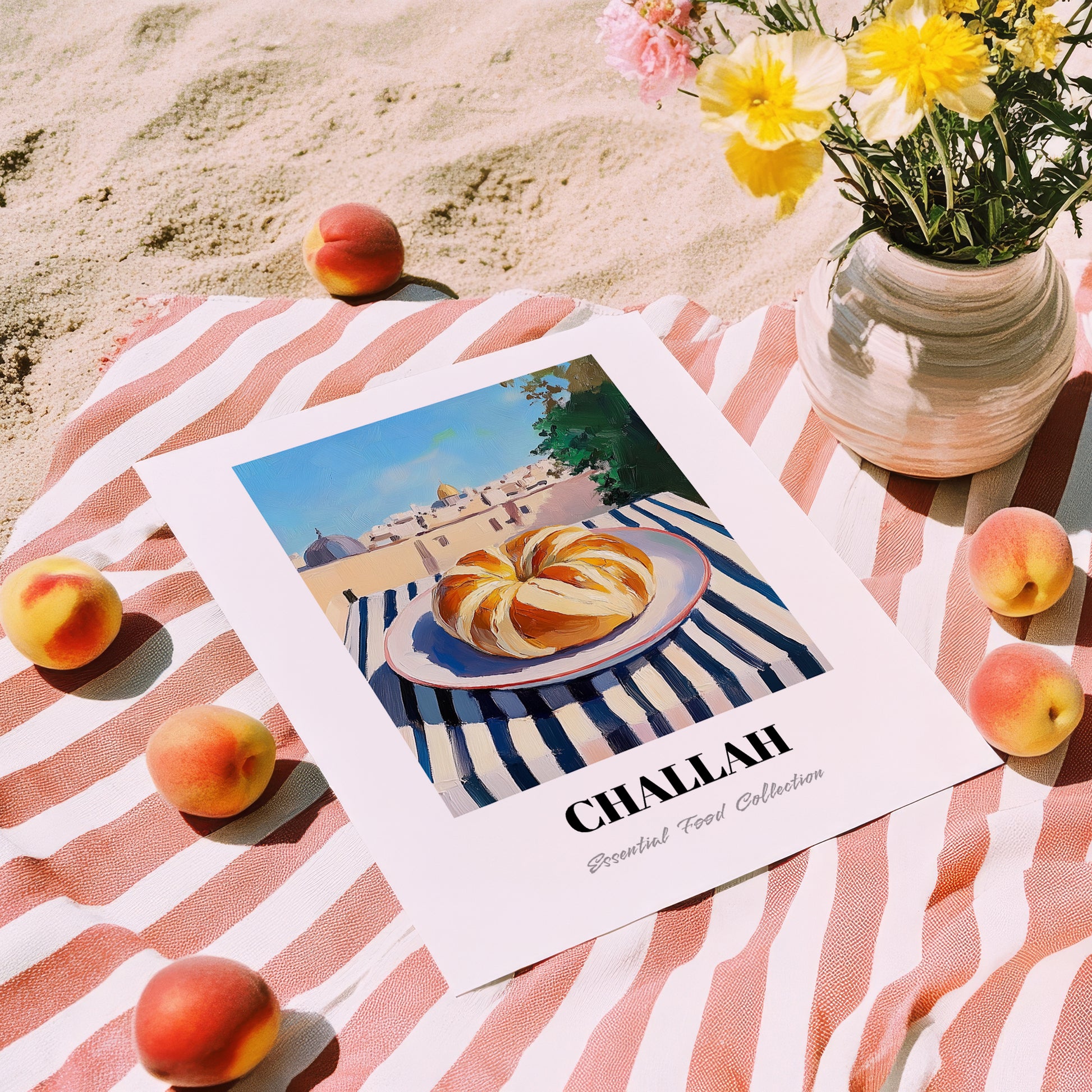 Challah – Jerusalem Skyline Scene, Jewish Food Illustration, unframed on coastal sand