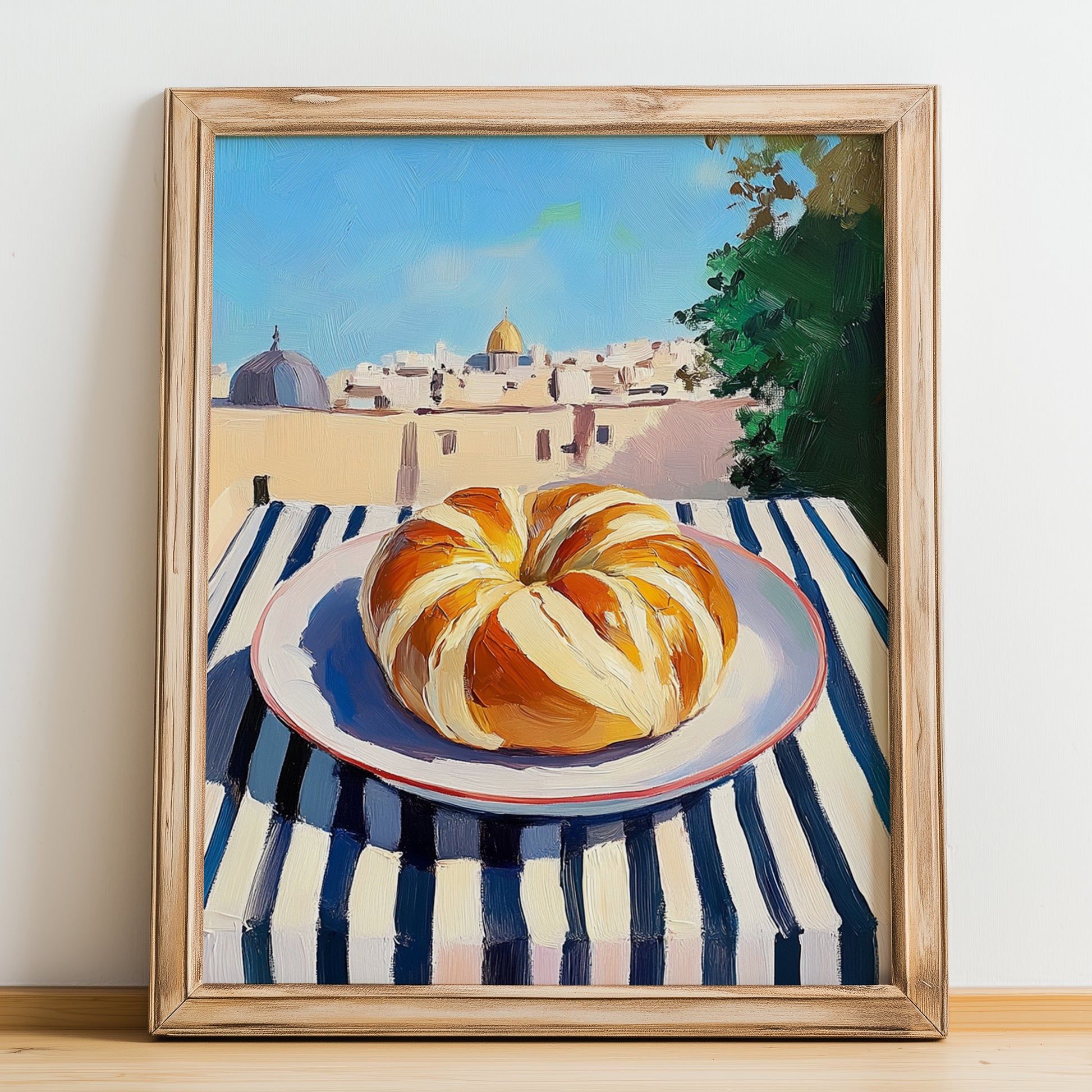 Challah – Jerusalem Skyline Scene, Jewish Food Illustration, no-text version framed in wood