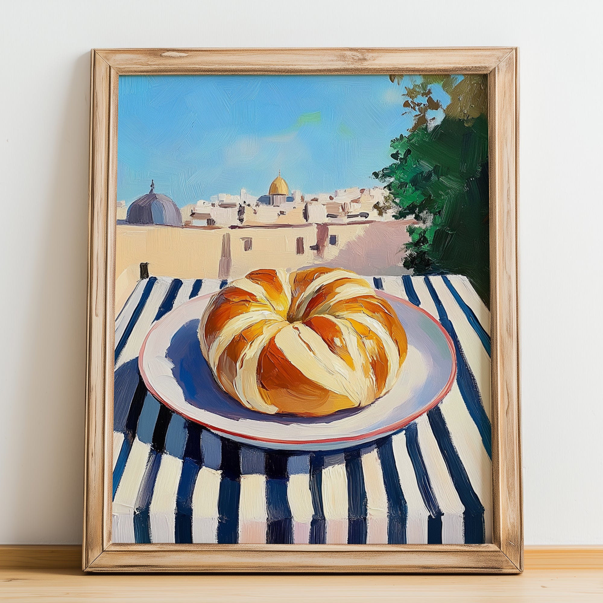 Challah – Jerusalem Skyline Scene, Jewish Food Illustration, no-text version framed in wood