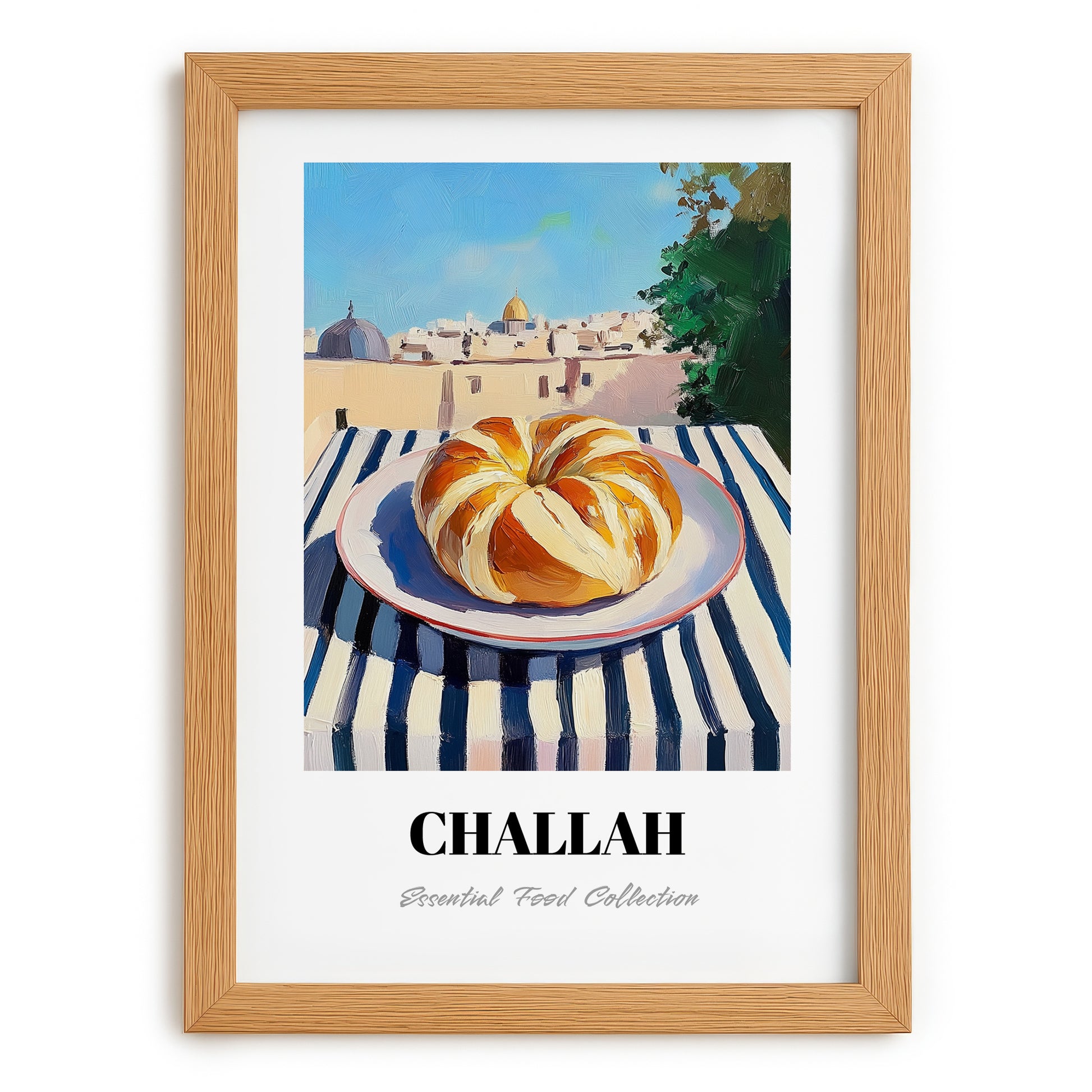 Challah – Jerusalem Skyline Scene, Jewish Food Illustration, set in oak frame