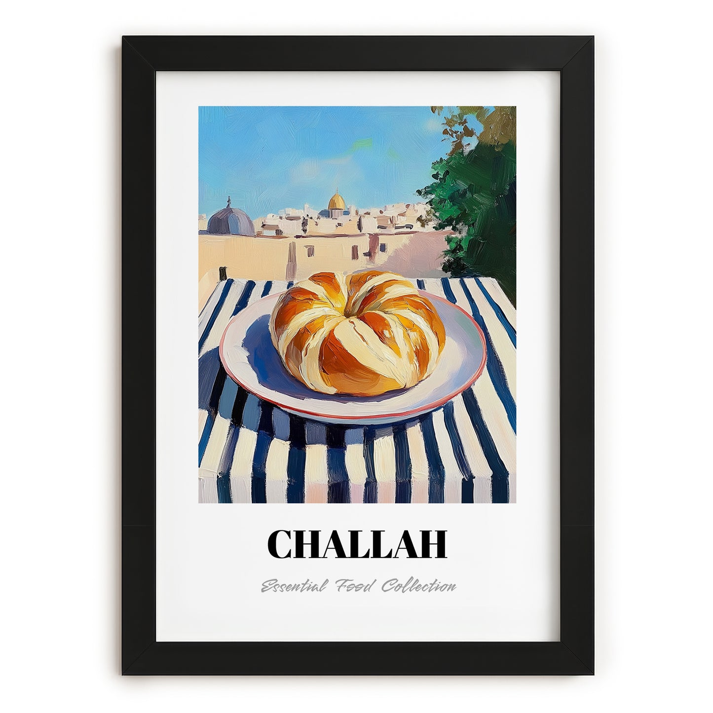 Challah – Jerusalem Skyline Scene, Jewish Food Illustration, in sleek black frame