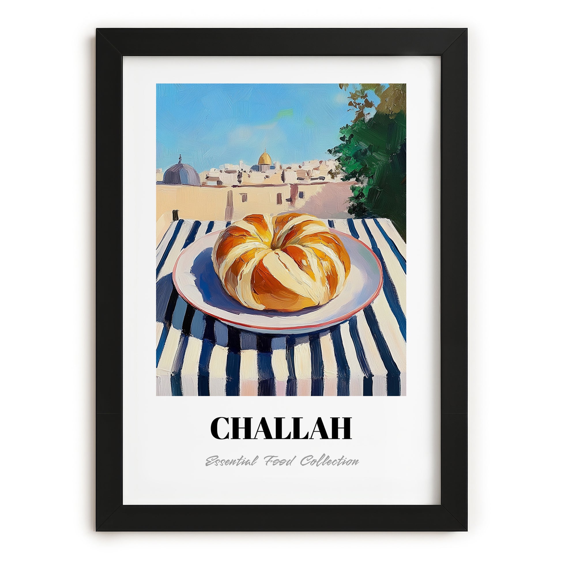 Challah – Jerusalem Skyline Scene, Jewish Food Illustration, in sleek black frame