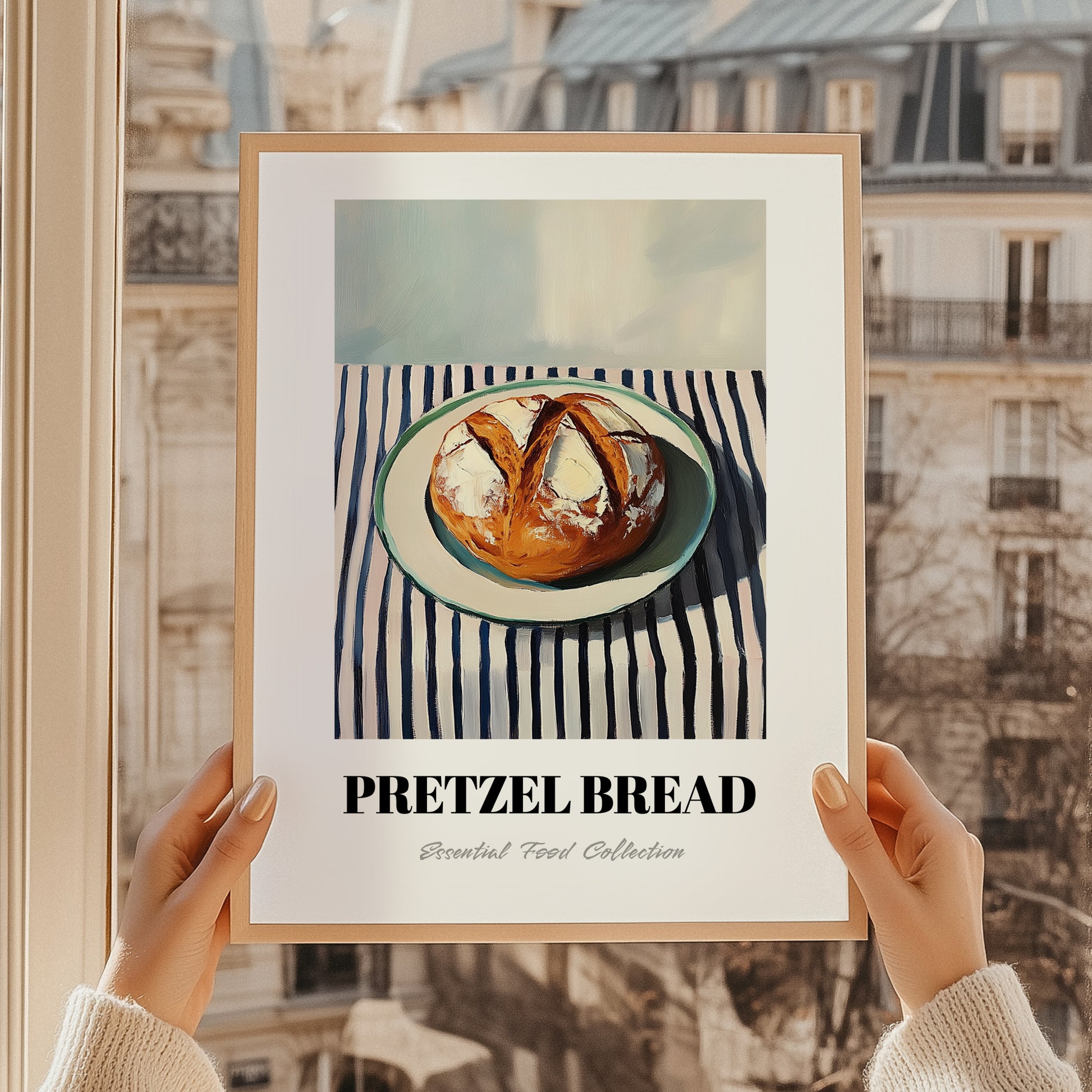 Pretzel Bread – on Striped Tablecloth, German Pastry Still Life, styled in a charming Paris street view