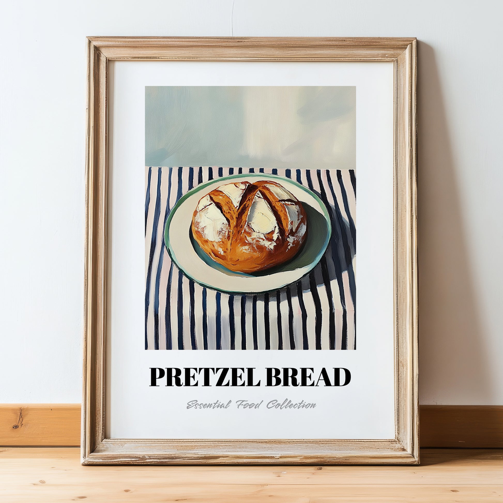 Pretzel Bread – on Striped Tablecloth, German Pastry Still Life, in wooden frame leaning on the floor