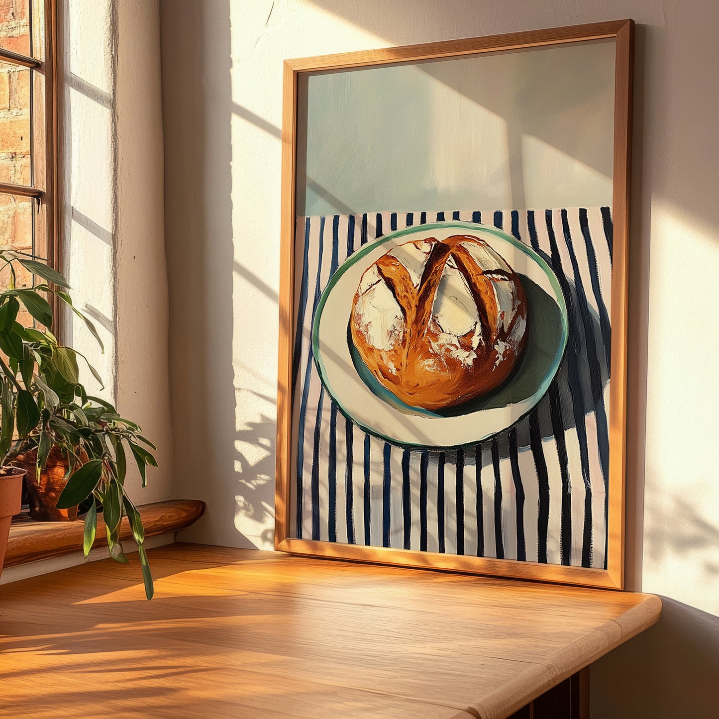 Pretzel Bread – on Striped Tablecloth, German Pastry Still Life, clean layout with no caption