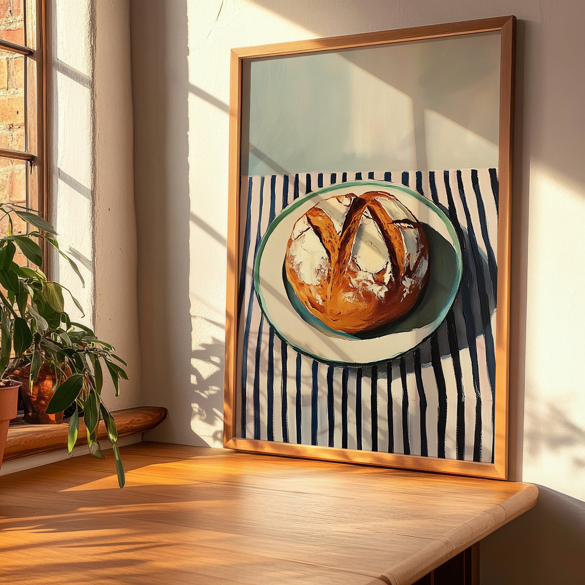 Pretzel Bread – on Striped Tablecloth, German Pastry Still Life, clean layout with no caption