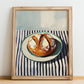 Pretzel Bread – on Striped Tablecloth, German Pastry Still Life, no-text version framed in wood