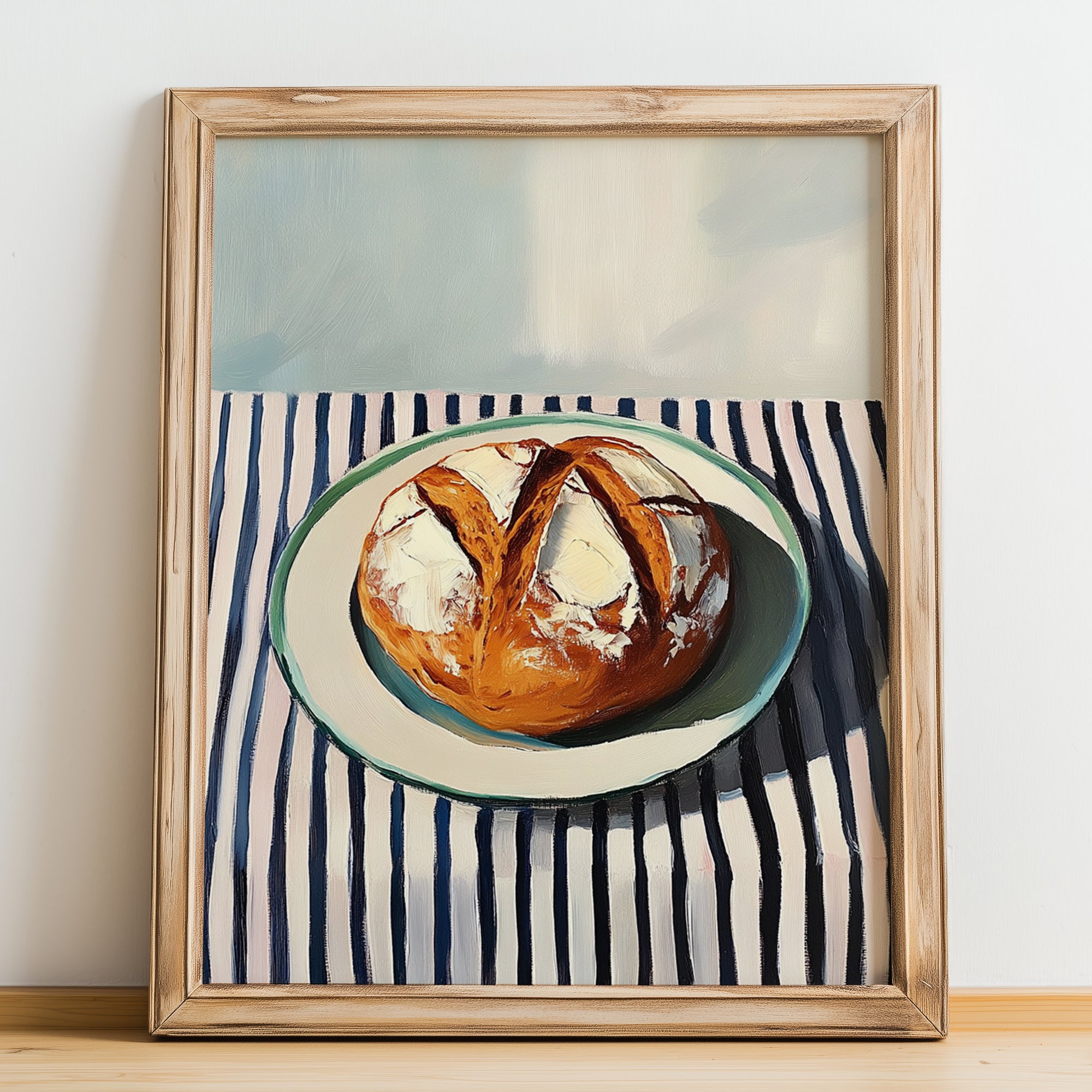 Pretzel Bread – on Striped Tablecloth, German Pastry Still Life, no-text version framed in wood