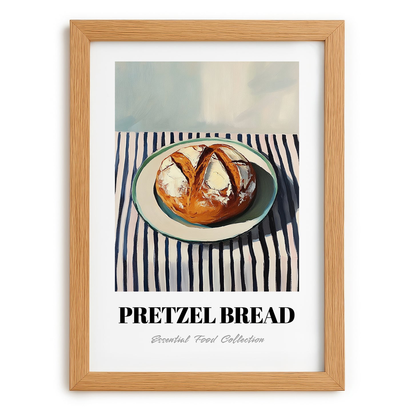 Pretzel Bread – on Striped Tablecloth, German Pastry Still Life, set in oak frame