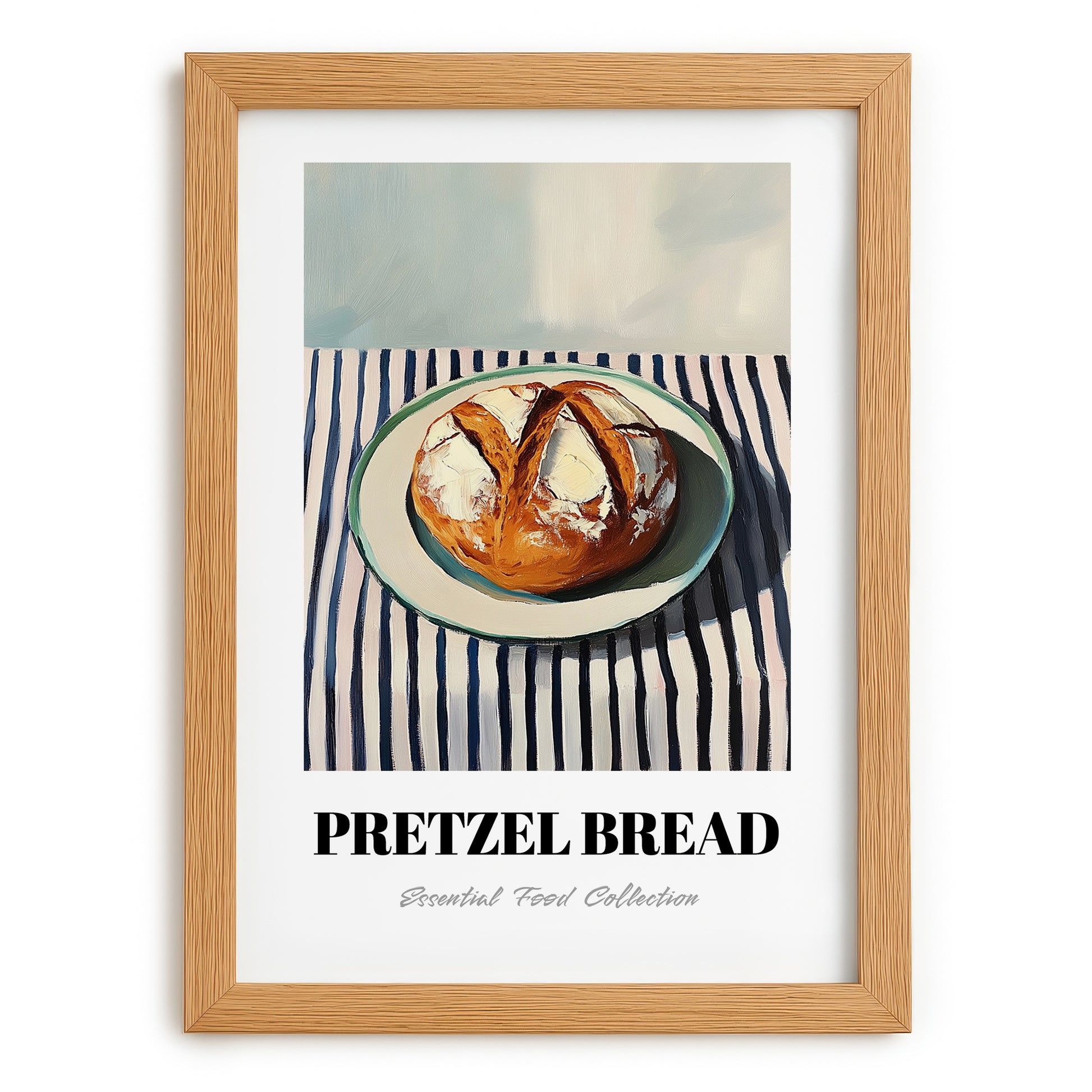 Pretzel Bread – on Striped Tablecloth, German Pastry Still Life, set in oak frame