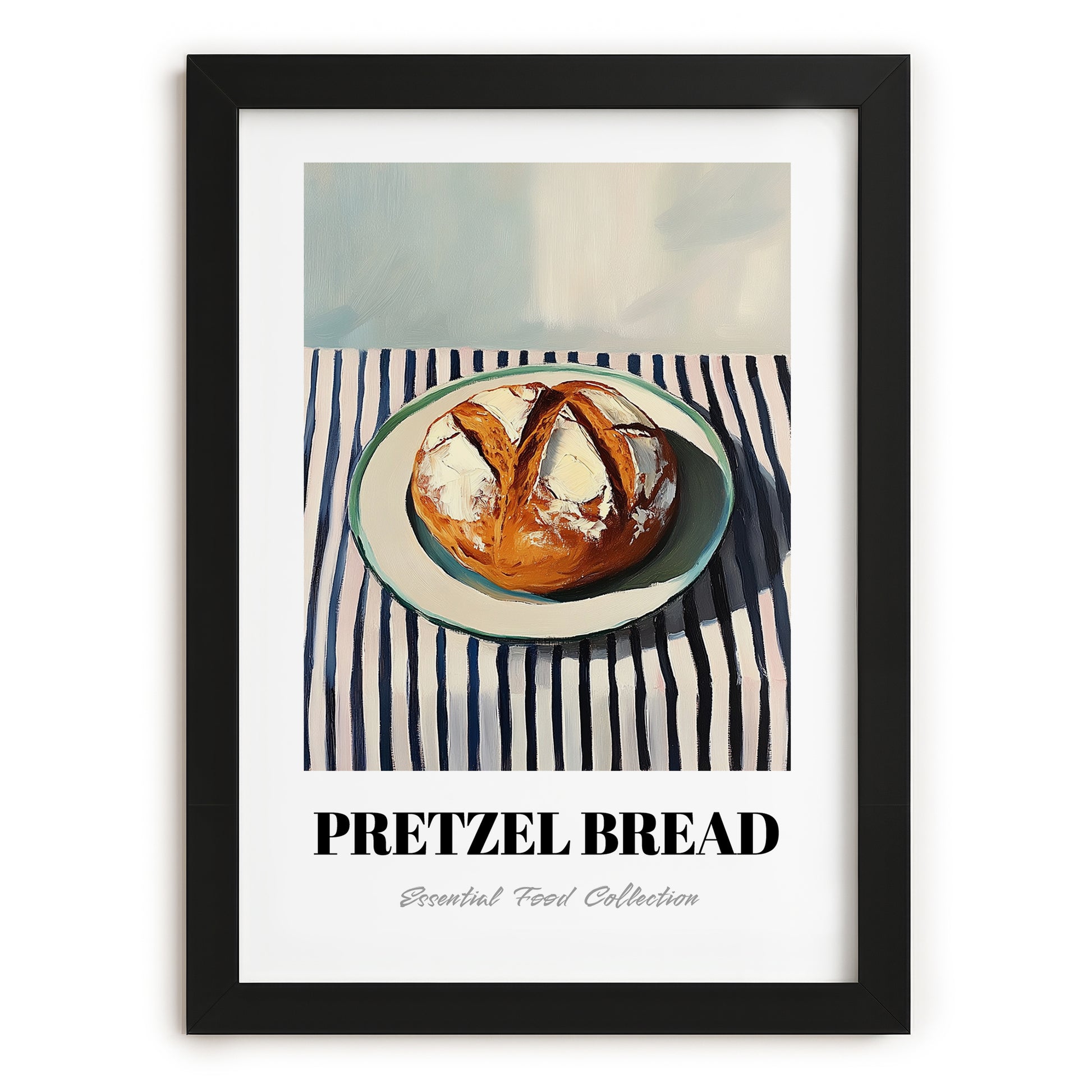 Pretzel Bread – on Striped Tablecloth, German Pastry Still Life, in sleek black frame