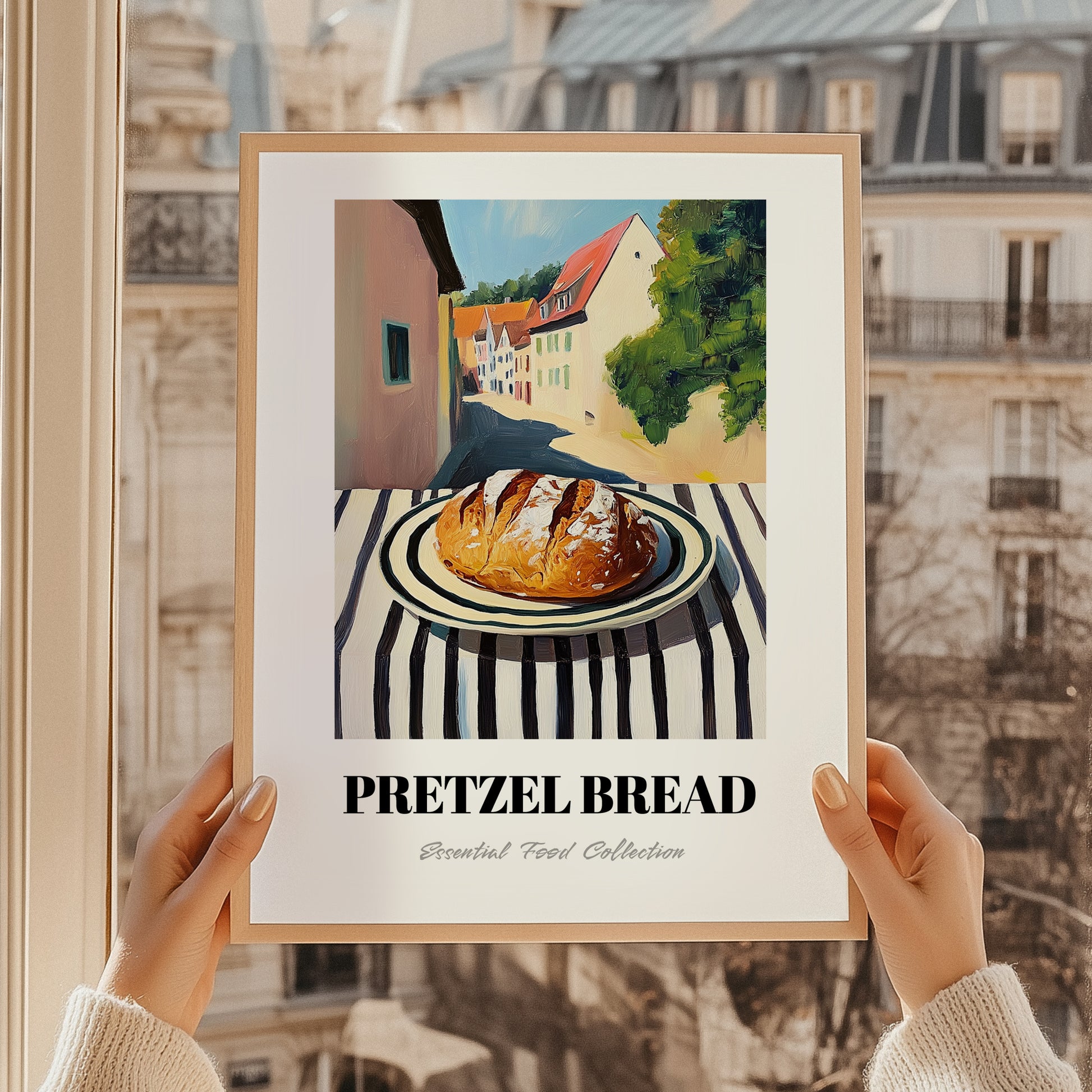 Pretzel Bread – German village Street Café Scene, German Pastry Wall Decor, styled in a charming Paris street view