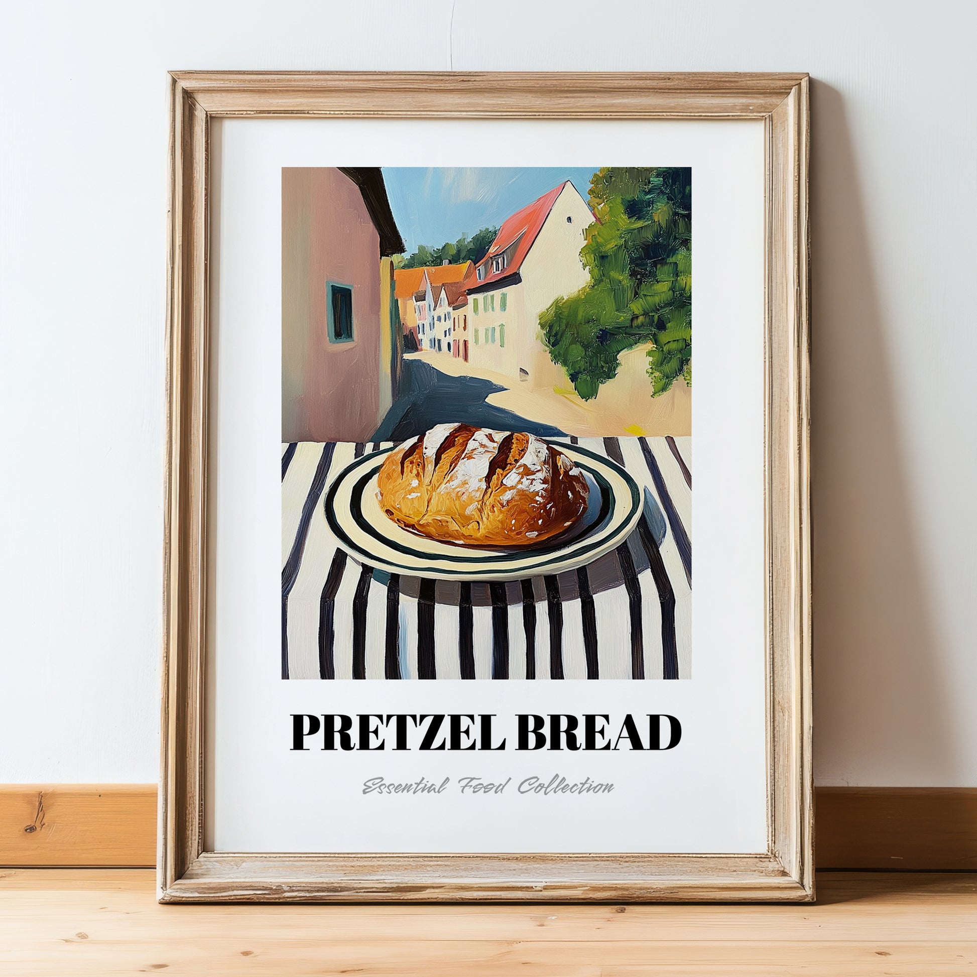 Pretzel Bread – German village Street Café Scene, German Pastry Wall Decor, in wooden frame leaning on the floor
