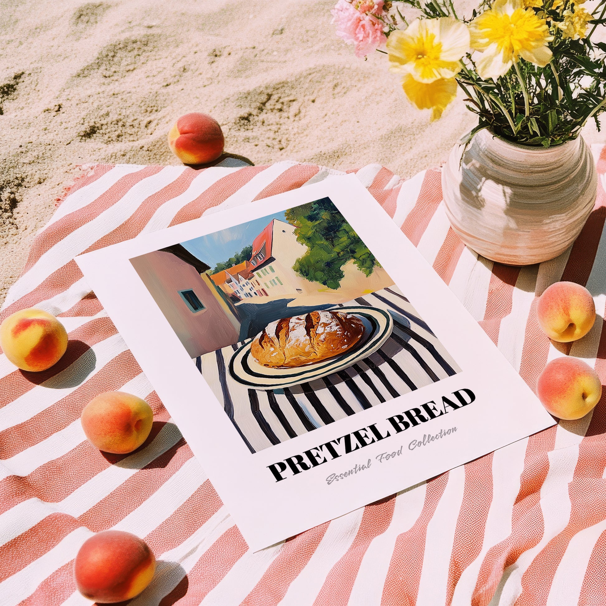 Pretzel Bread – German village Street Café Scene, German Pastry Wall Decor, unframed on coastal sand