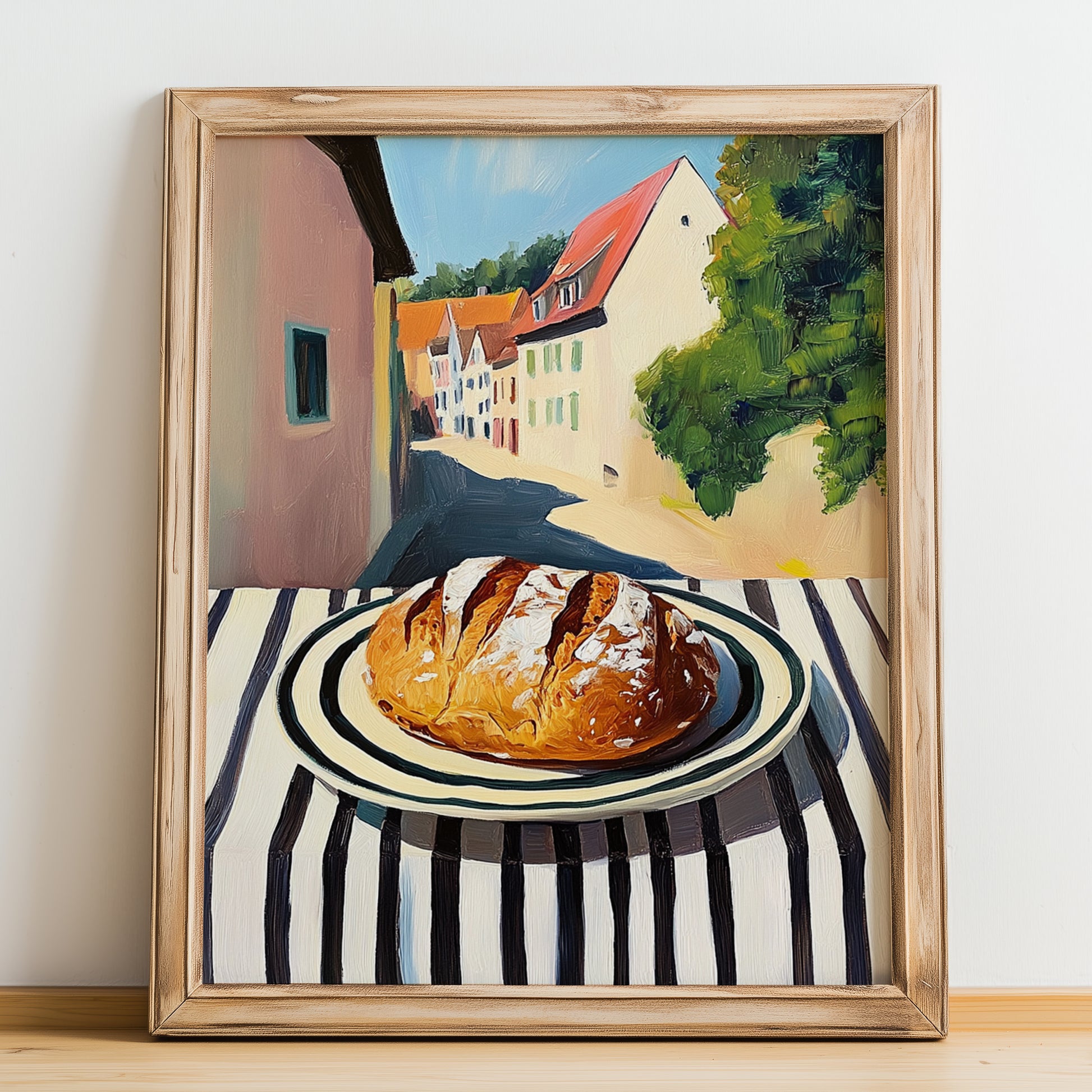 Pretzel Bread – German village Street Café Scene, German Pastry Wall Decor, no-text version framed in wood