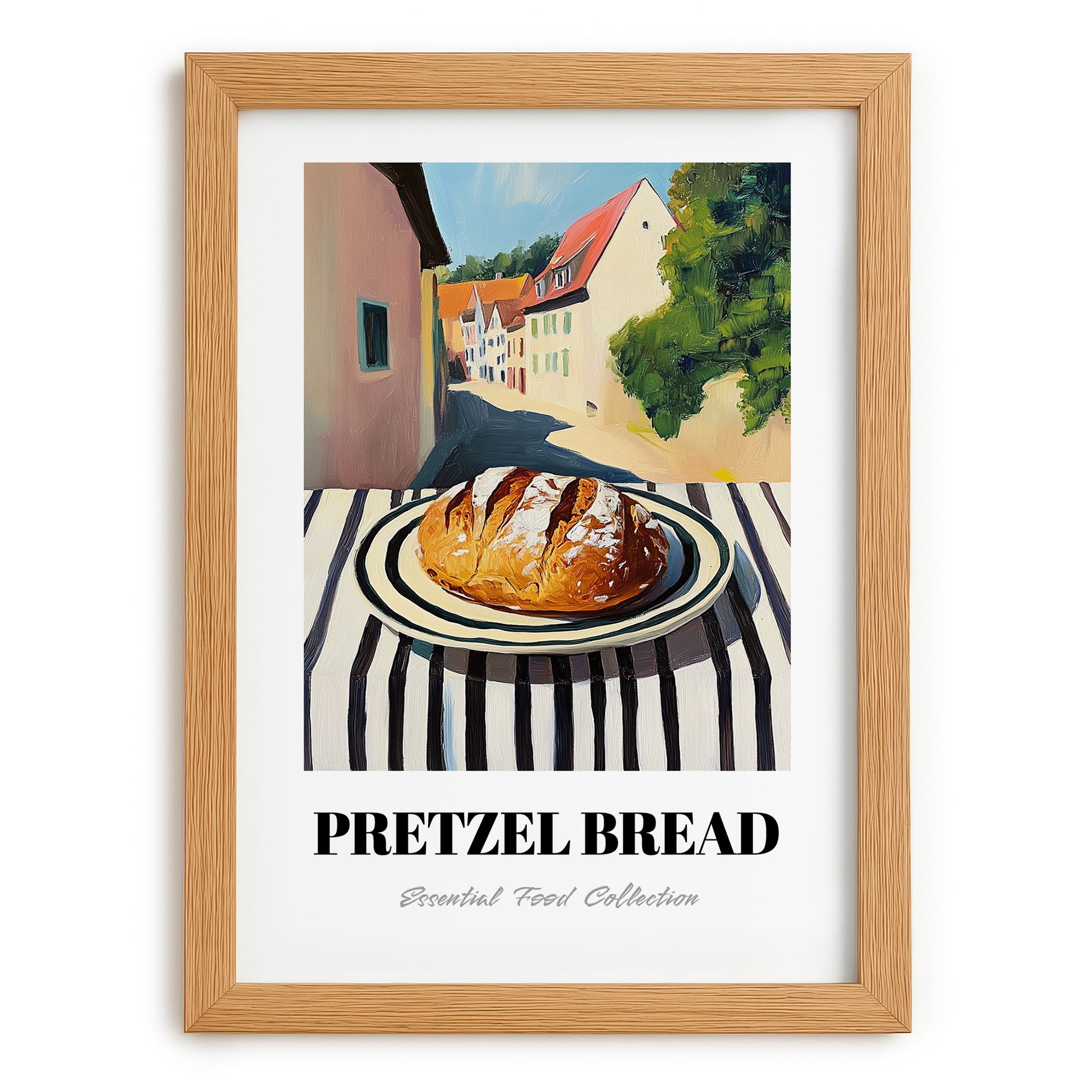 Pretzel Bread – German village Street Café Scene, German Pastry Wall Decor, set in oak frame