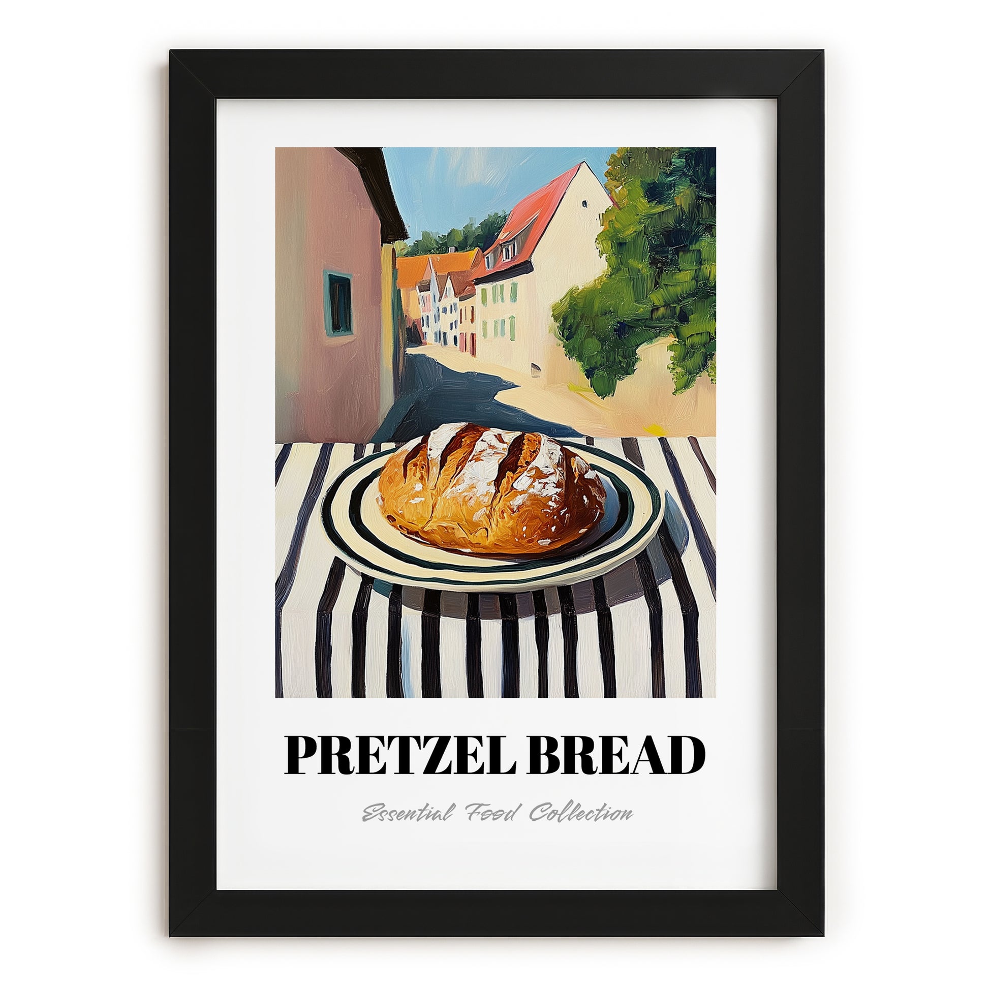 Pretzel Bread – German village Street Café Scene, German Pastry Wall Decor, in sleek black frame