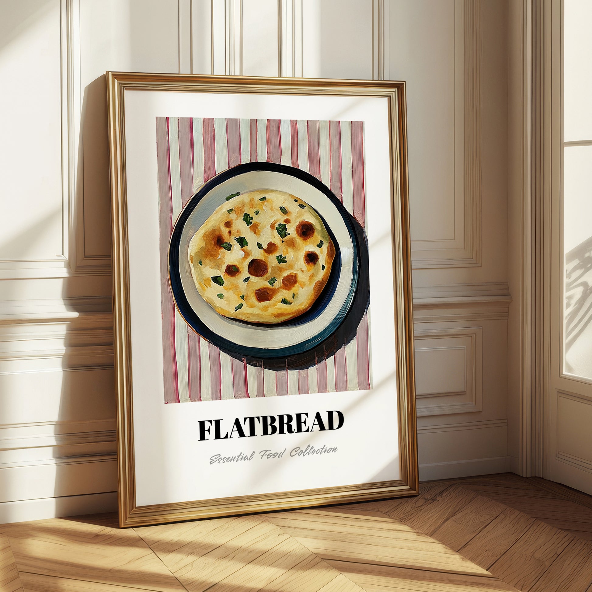 Flatbread – on Striped Tablecloth, Middle Food Wall Art