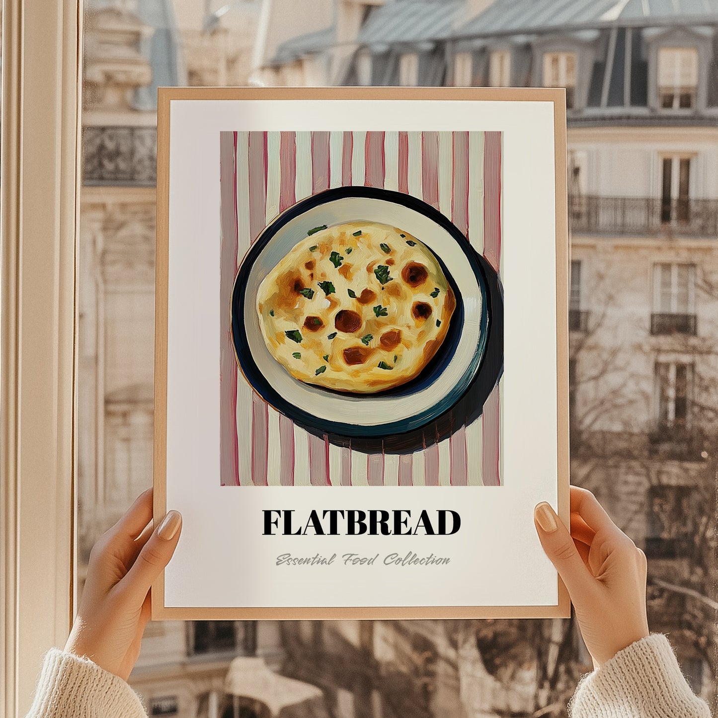 Flatbread – on Striped Tablecloth, Middle Food Wall Art, styled in a charming Paris street view