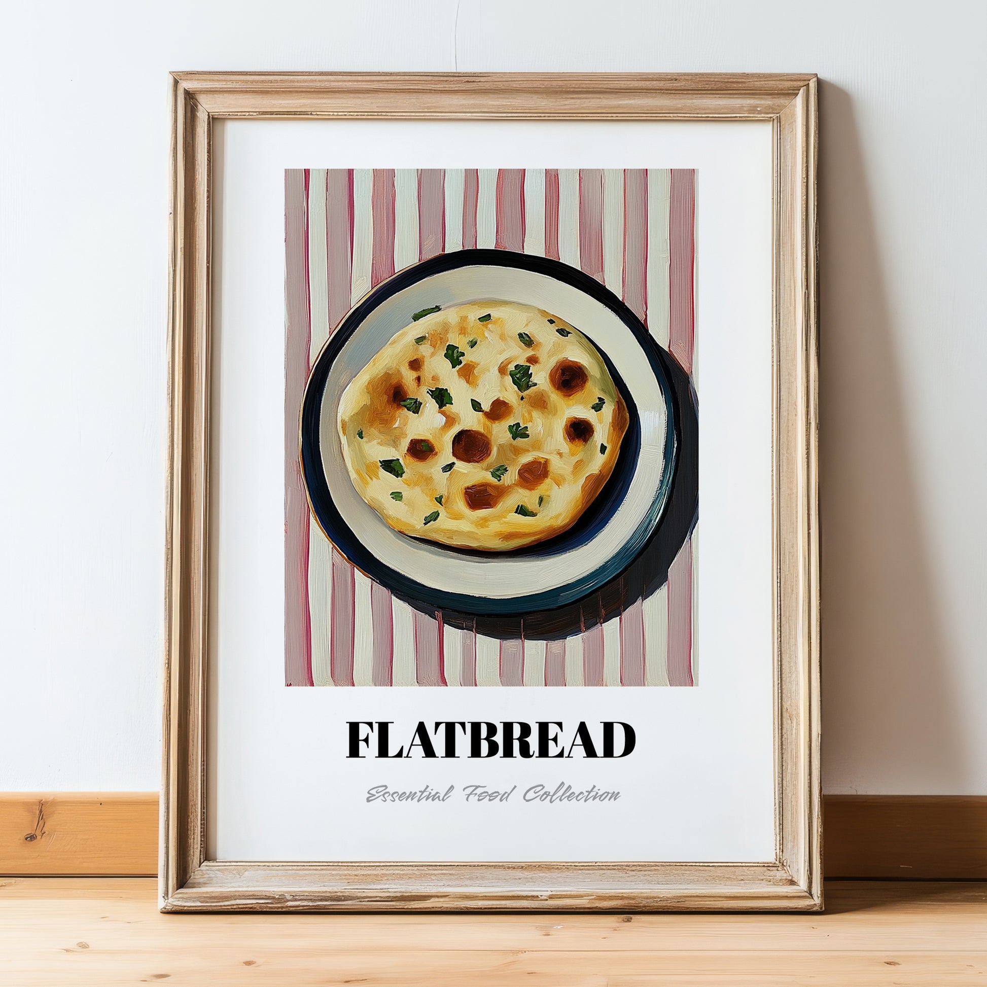 Flatbread – on Striped Tablecloth, Middle Food Wall Art, in wooden frame leaning on the floor