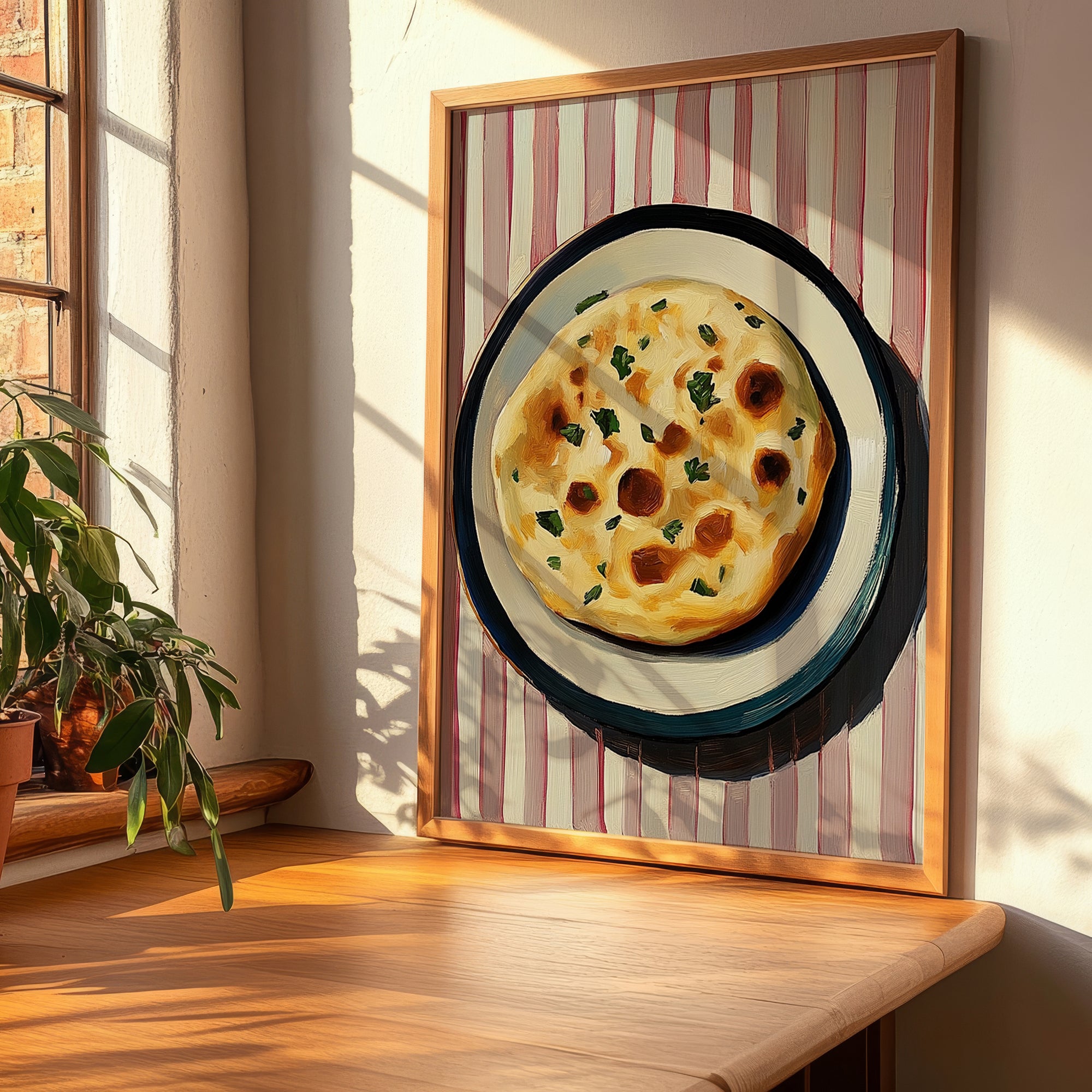 Flatbread – on Striped Tablecloth, Middle Food Wall Art, clean layout with no caption