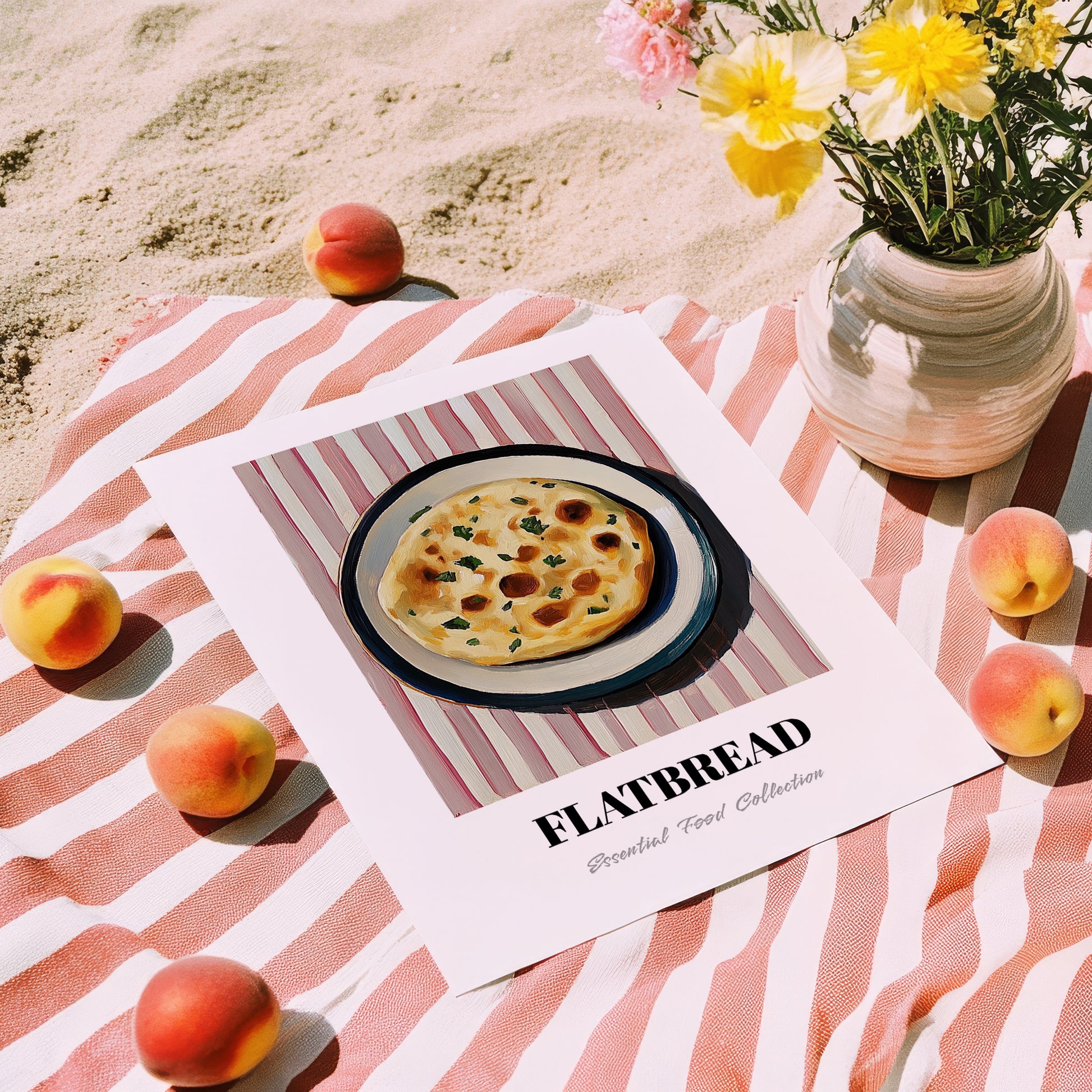 Flatbread – on Striped Tablecloth, Middle Food Wall Art, unframed on coastal sand