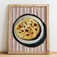 Flatbread – on Striped Tablecloth, Middle Food Wall Art, no-text version framed in wood