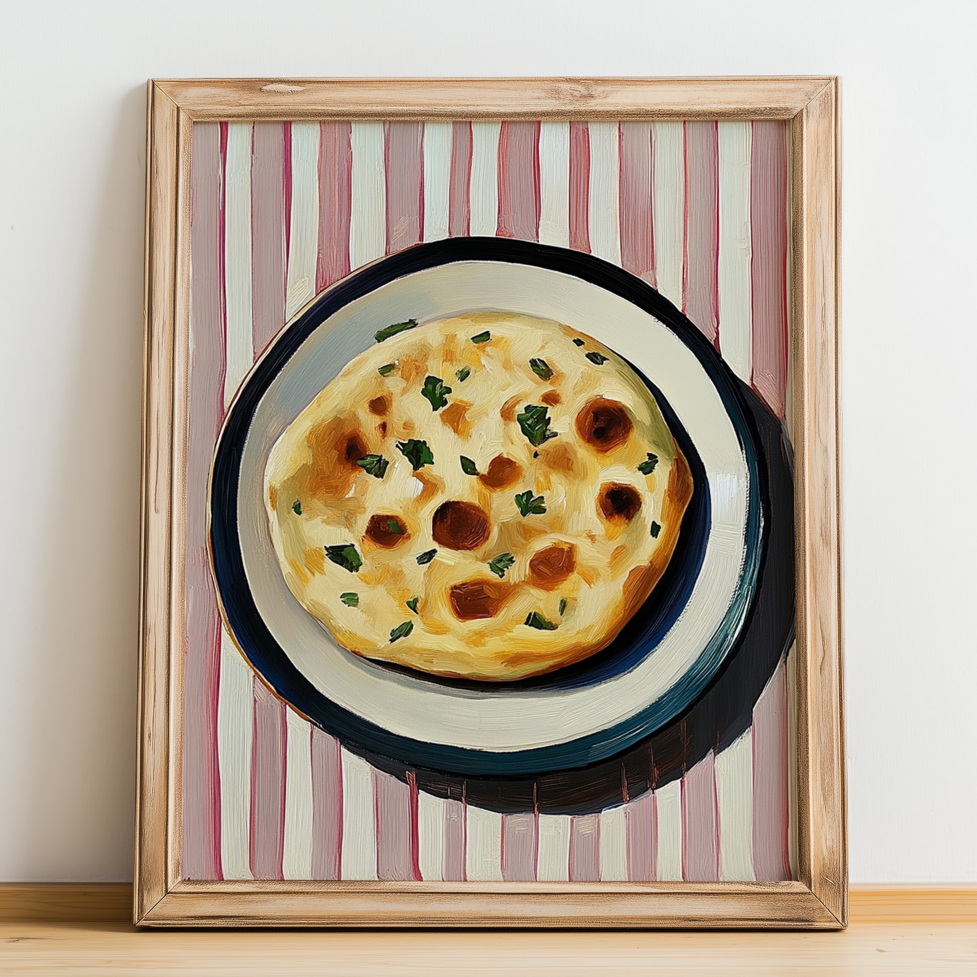 Flatbread – on Striped Tablecloth, Middle Food Wall Art, no-text version framed in wood
