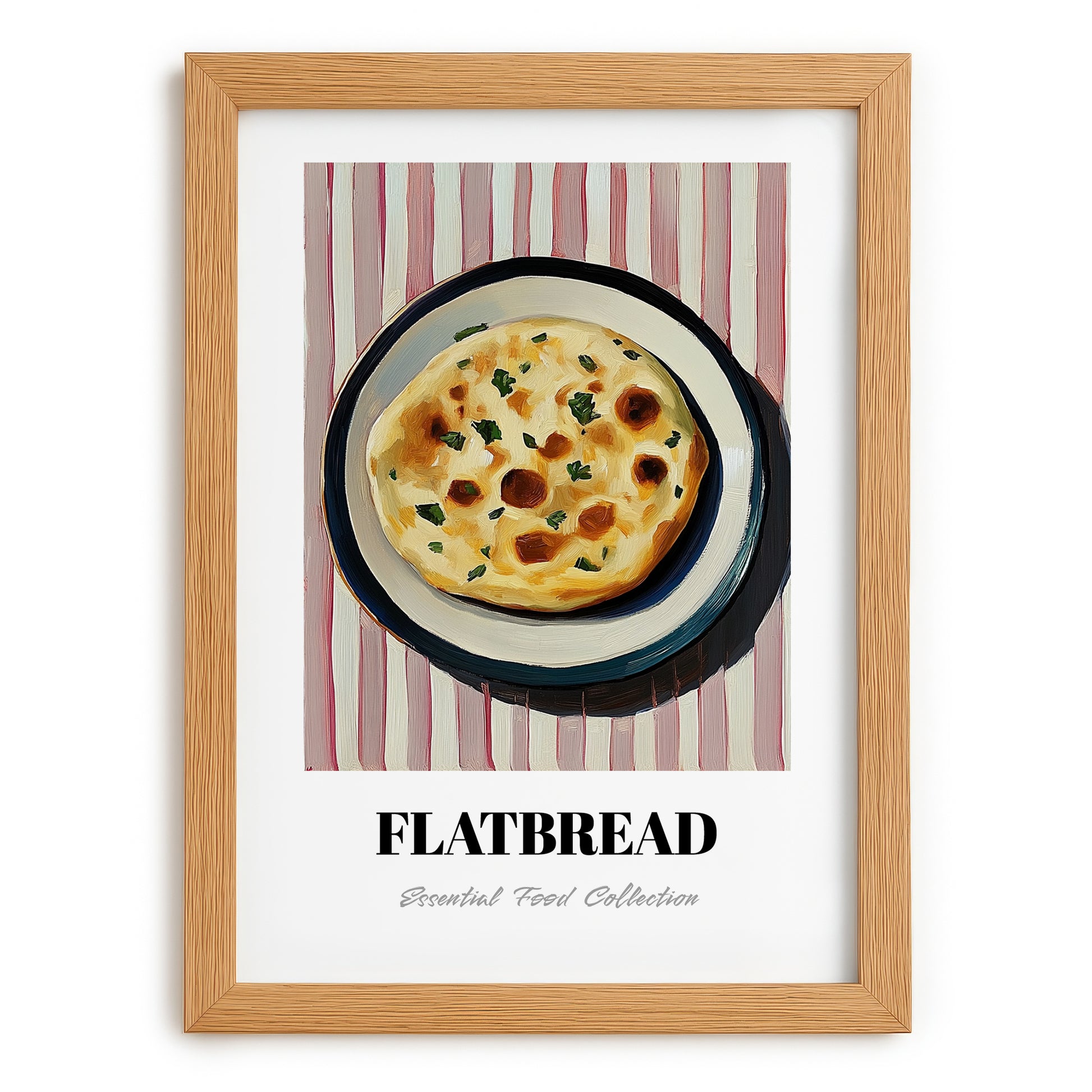 Flatbread – on Striped Tablecloth, Middle Food Wall Art, set in oak frame
