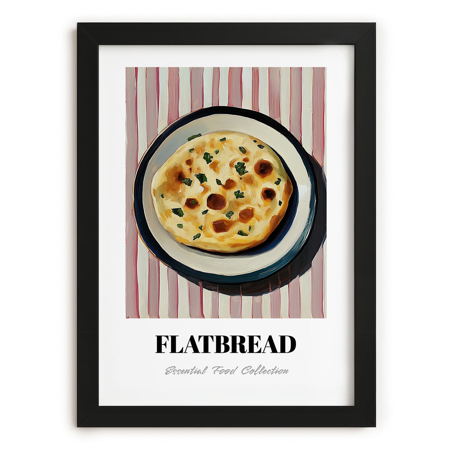 Flatbread – on Striped Tablecloth, Middle Food Wall Art, in sleek black frame