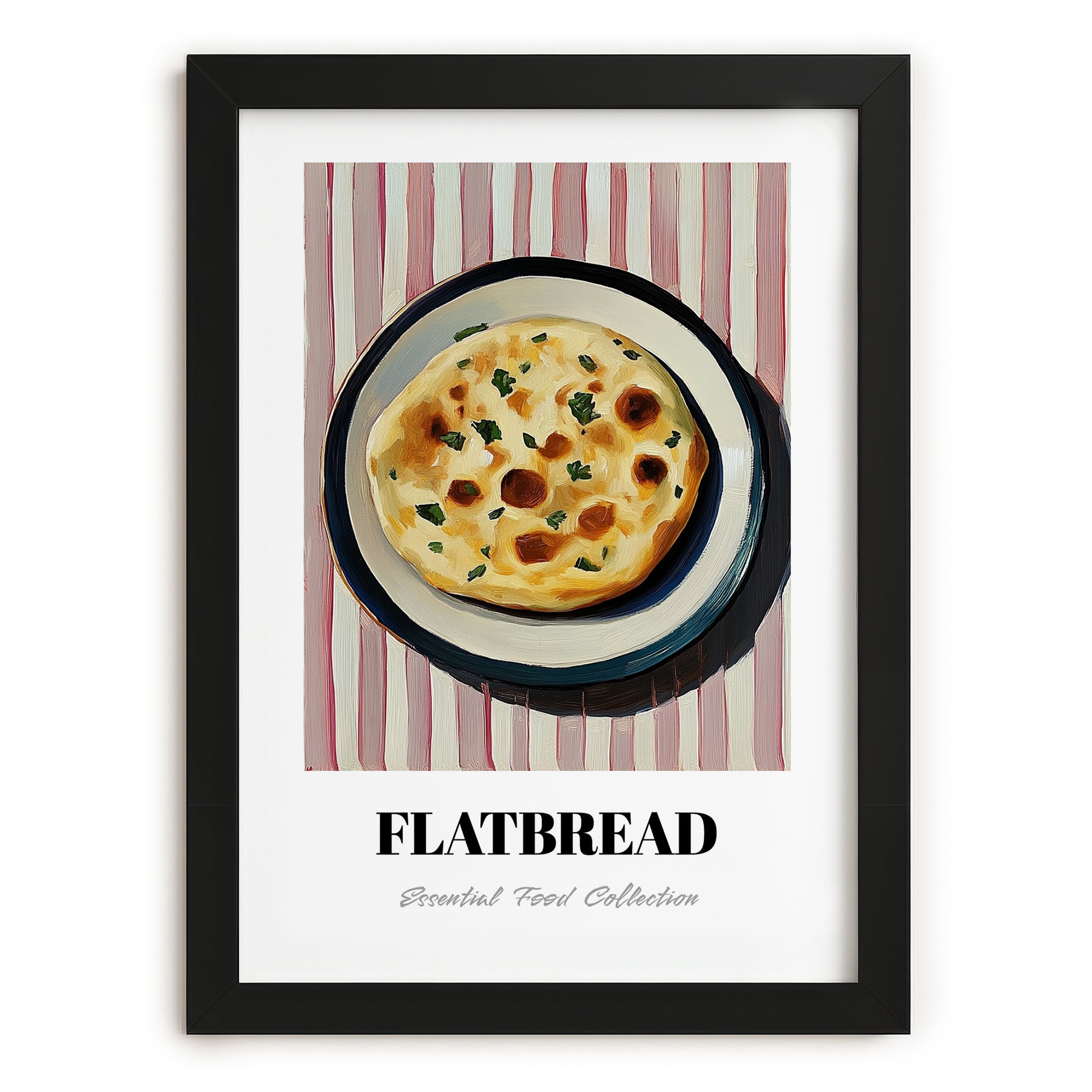 Flatbread – on Striped Tablecloth, Middle Food Wall Art, in sleek black frame