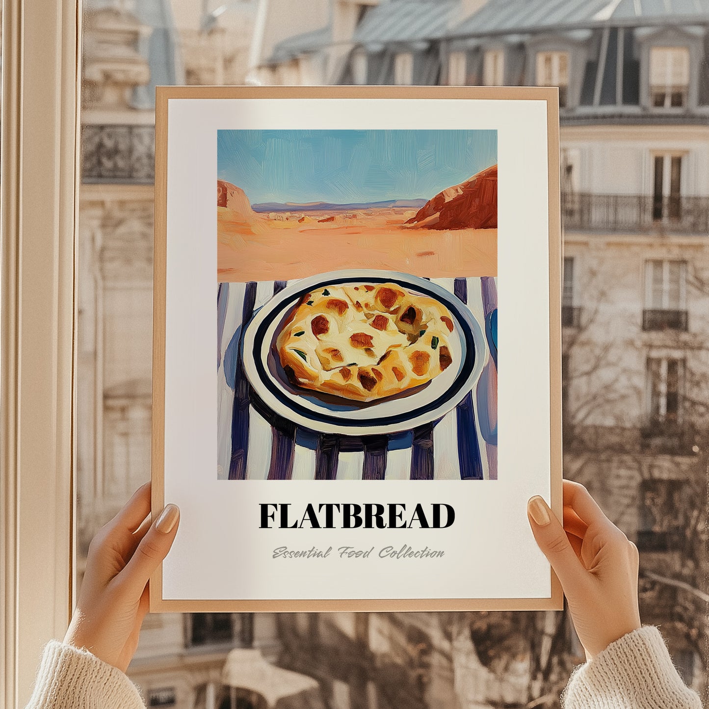 Flatbread – Desert Café Scene, Middle Food Poster, styled in a charming Paris street view