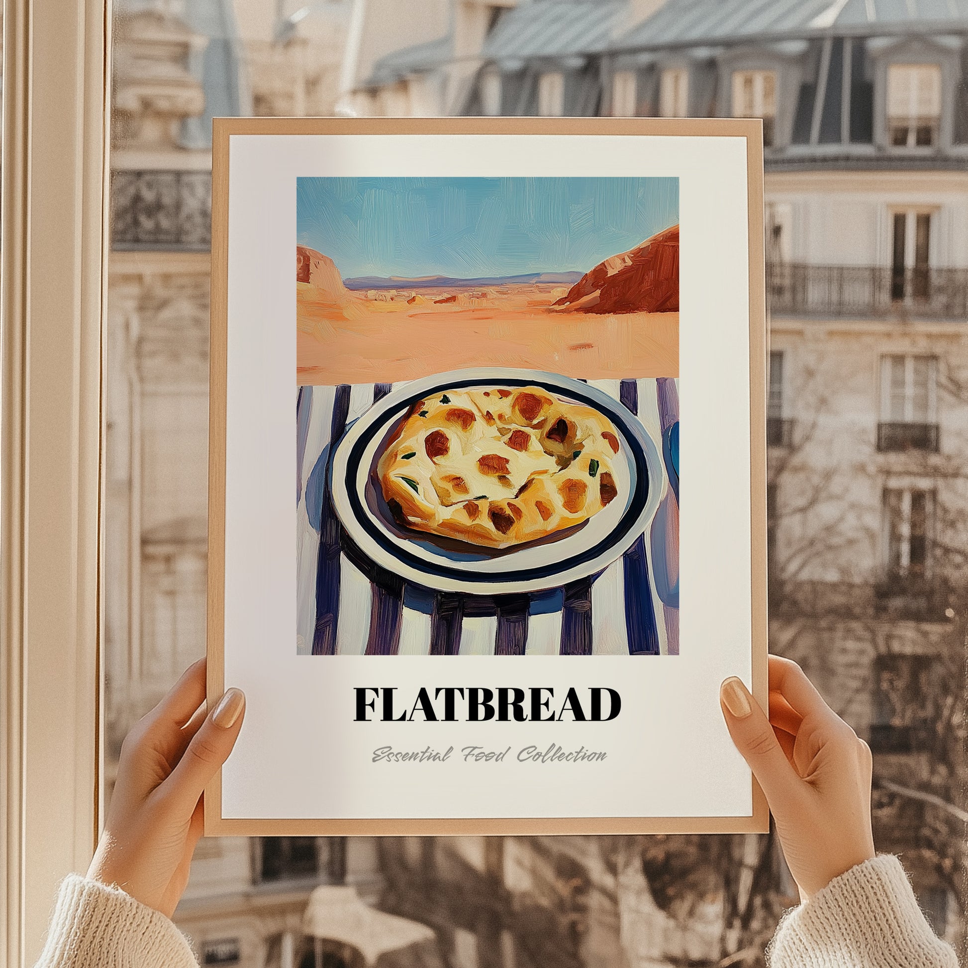 Flatbread – Desert Café Scene, Middle Food Poster, styled in a charming Paris street view